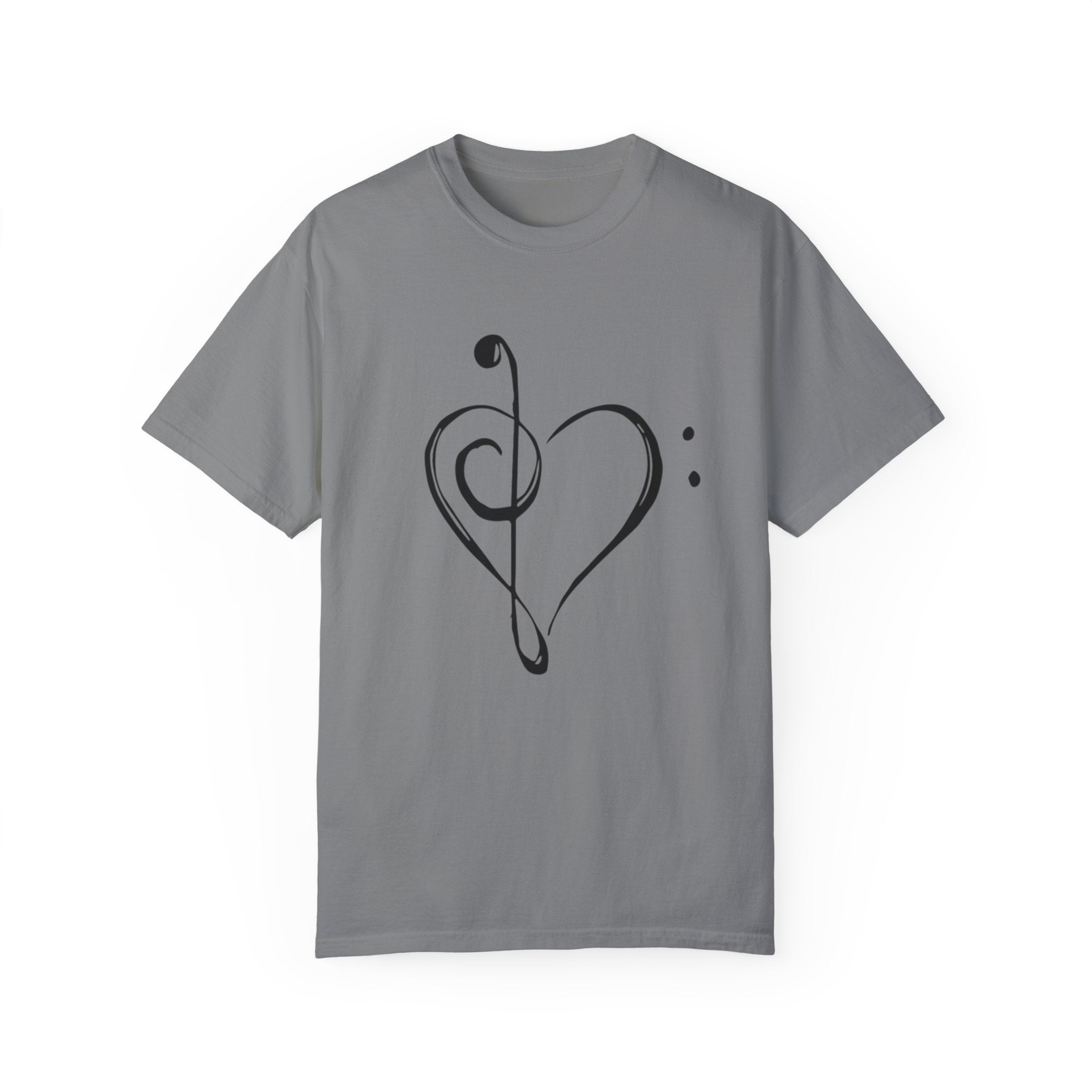 Love Music T-Shirt – Treble & Bass Clef Heart Design on Black Tee