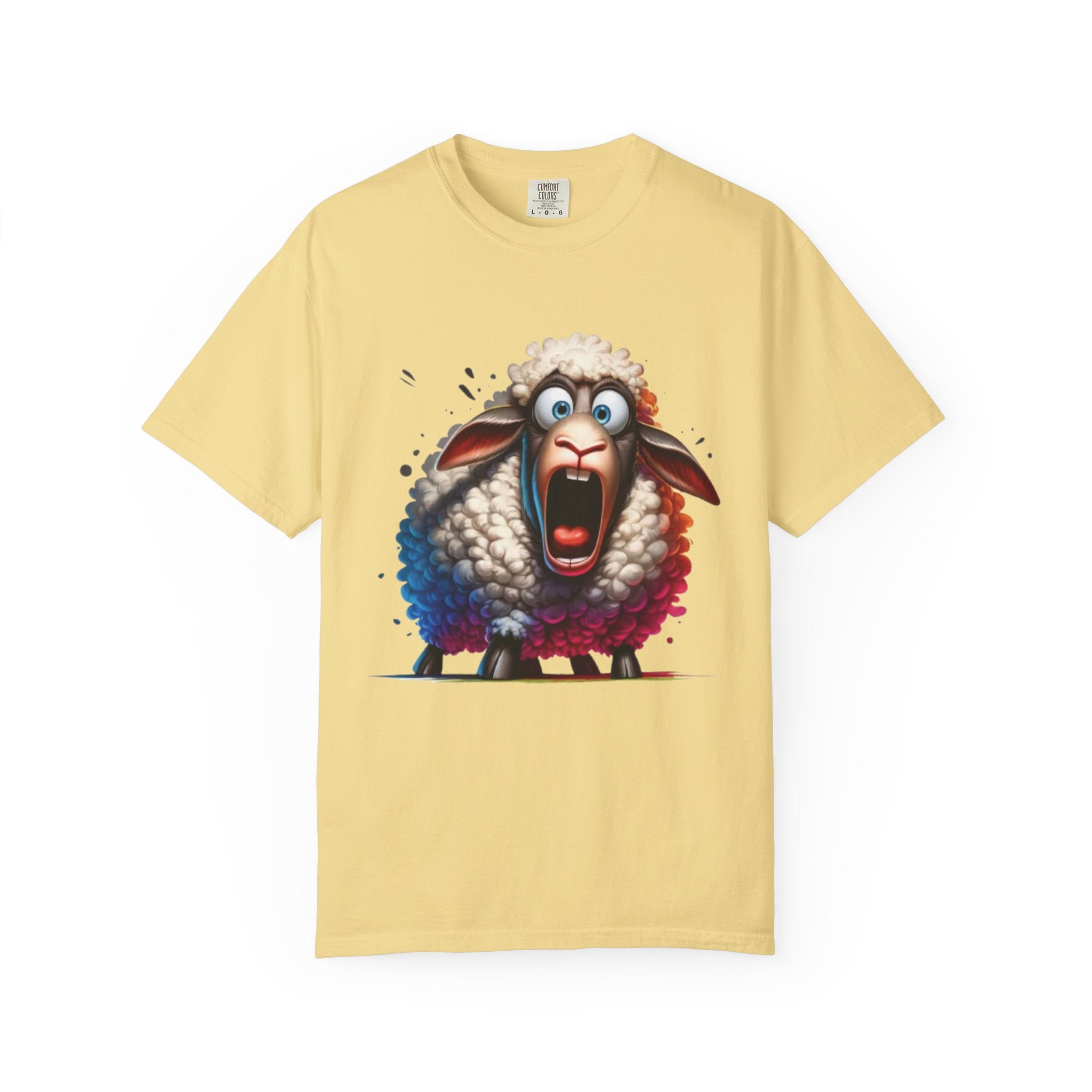 Funny Shocked Sheep T-Shirt | Cartoon Sheep Graphic Tee | Vibrant Art Design