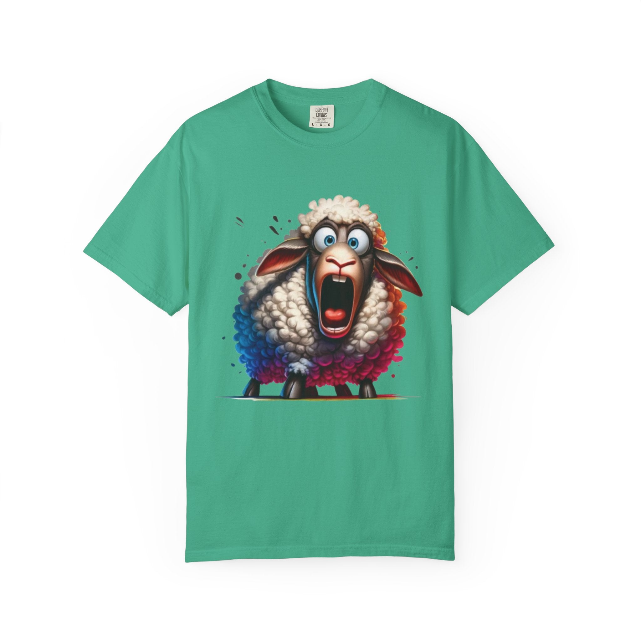 Funny Shocked Sheep T-Shirt | Cartoon Sheep Graphic Tee | Vibrant Art Design
