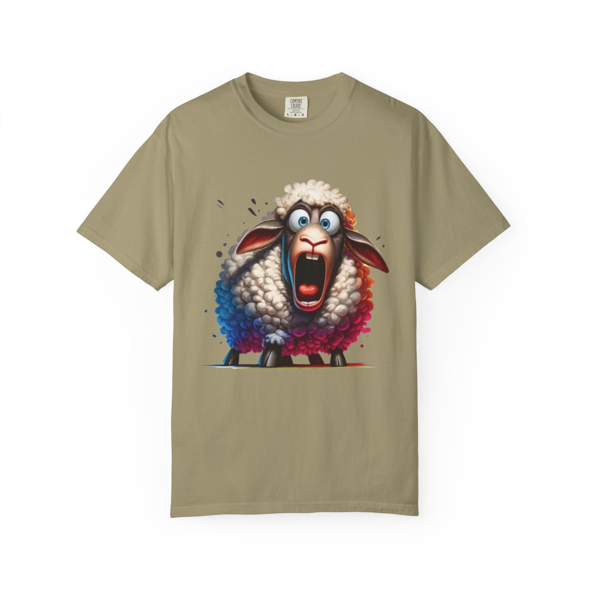 Funny Shocked Sheep T-Shirt | Cartoon Sheep Graphic Tee | Vibrant Art Design
