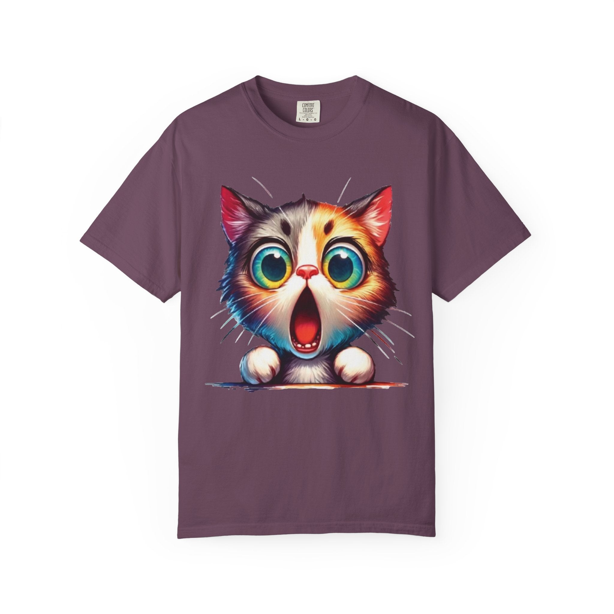 Surprised Kitty Cartoon T-Shirt | Vibrant Big-Eyed Cat Design | Color Pop Animal Graphic Tee