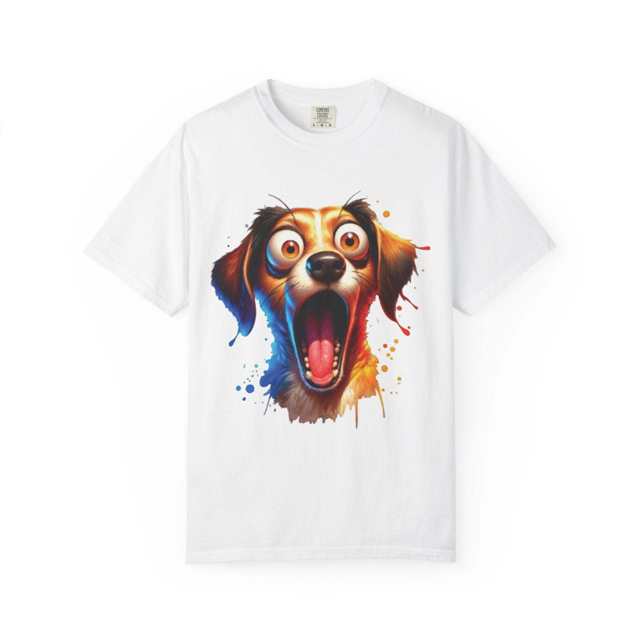 Funny Shocked Dog T-Shirt | Colorful Cartoon Pup Graphic Tee | Vibrant Splash Art