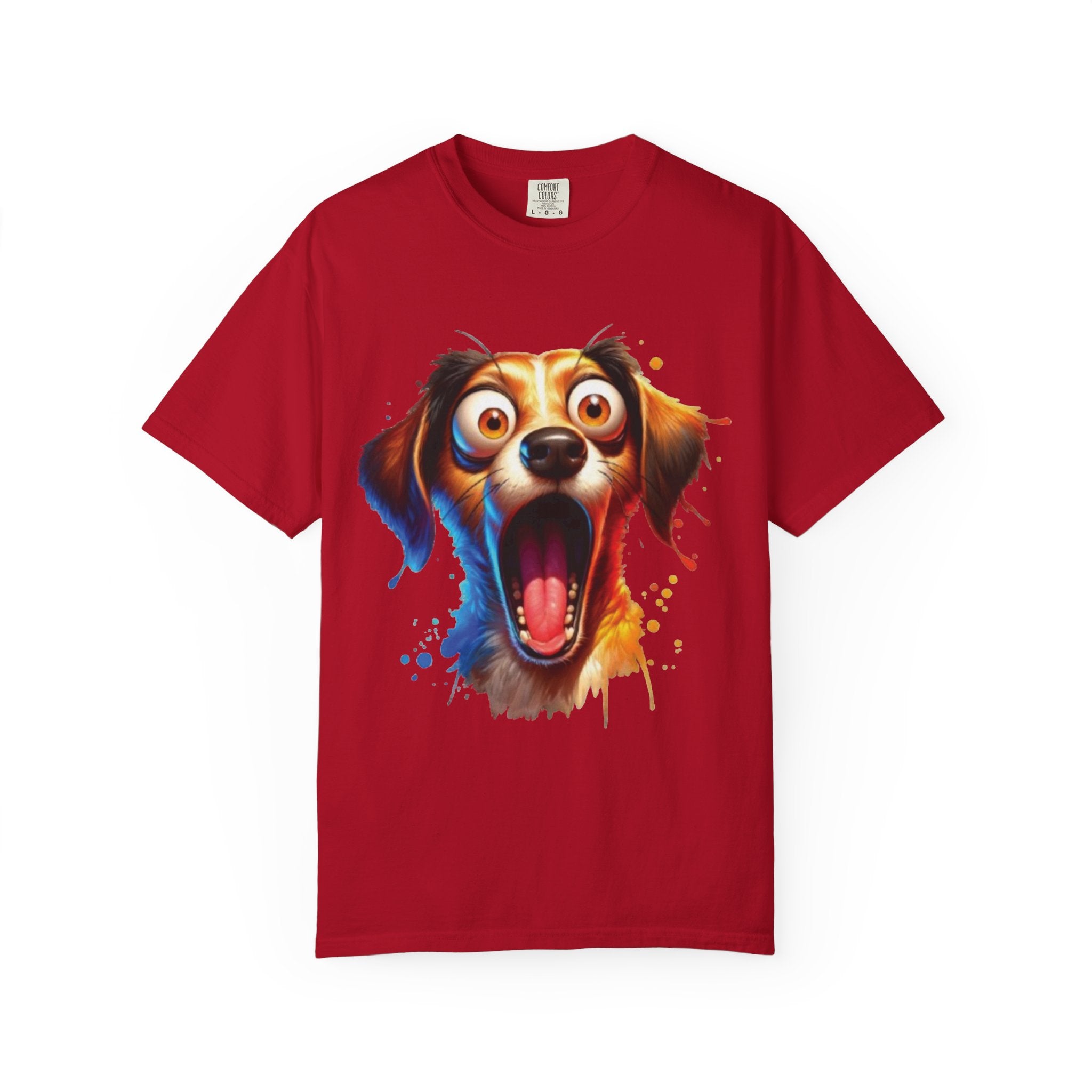 Funny Shocked Dog T-Shirt | Colorful Cartoon Pup Graphic Tee | Vibrant Splash Art