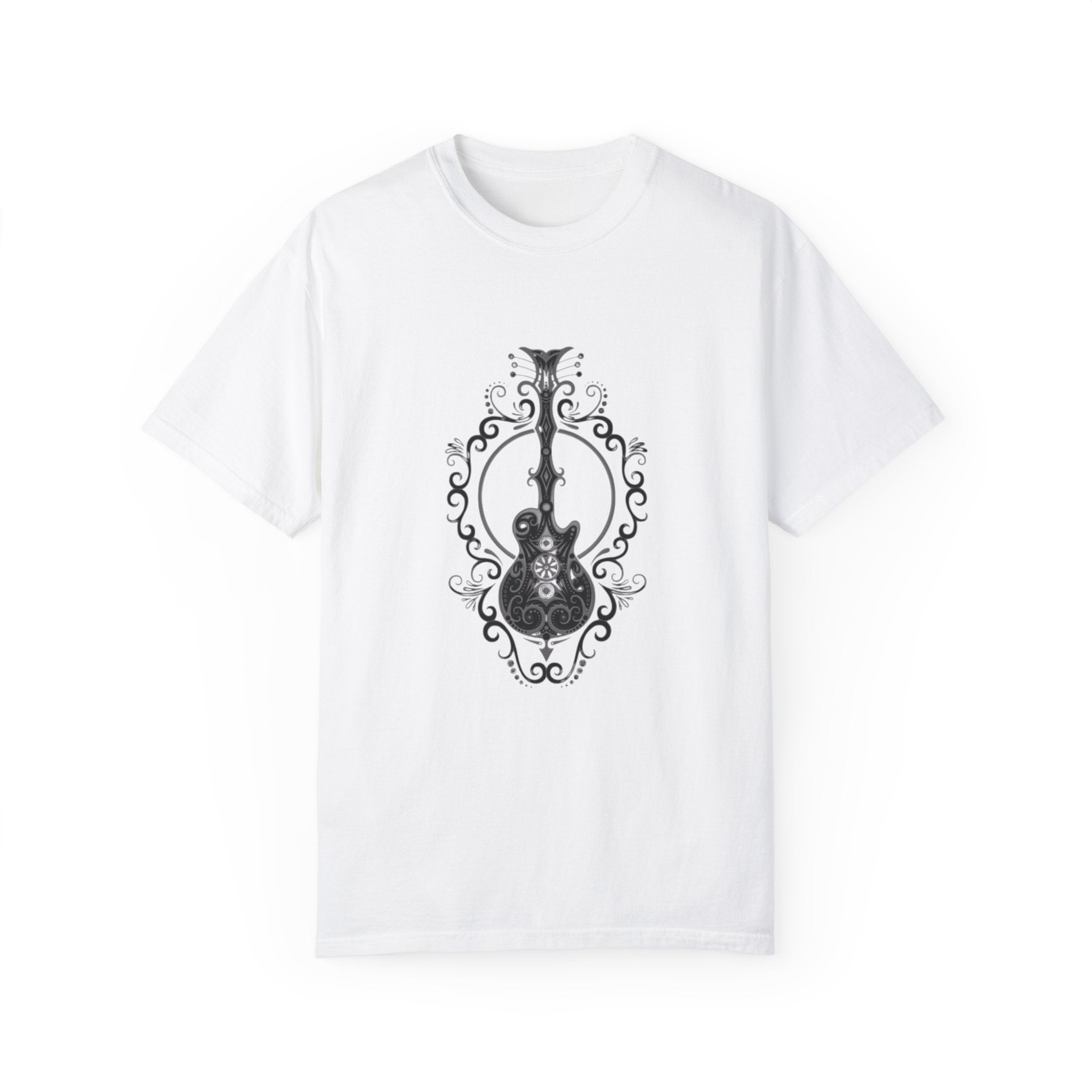 Intricate Dark Electric Guitar T-Shirt – Artistic Rock-Inspired Design for Musicians