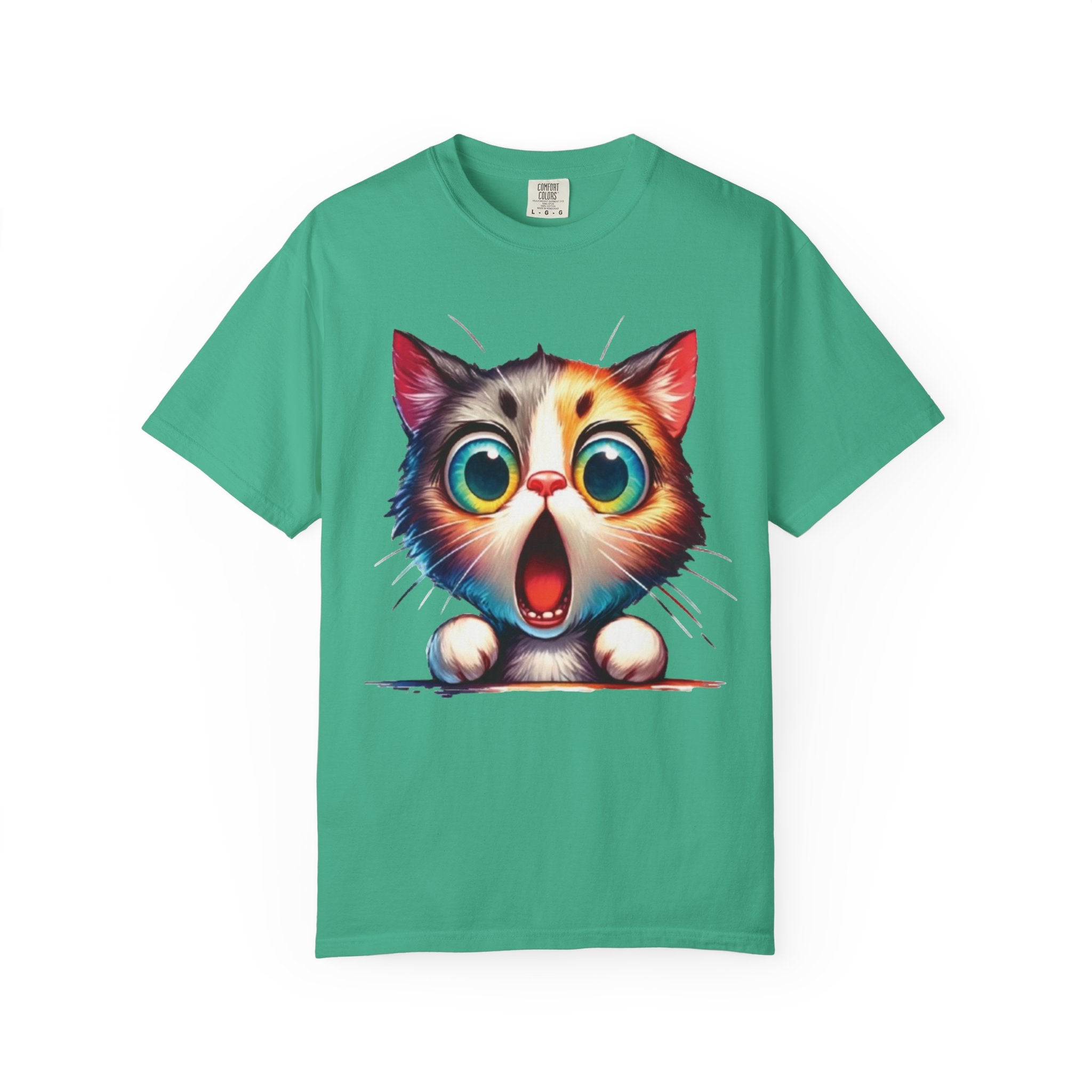 Surprised Kitty Cartoon T-Shirt | Vibrant Big-Eyed Cat Design | Color Pop Animal Graphic Tee