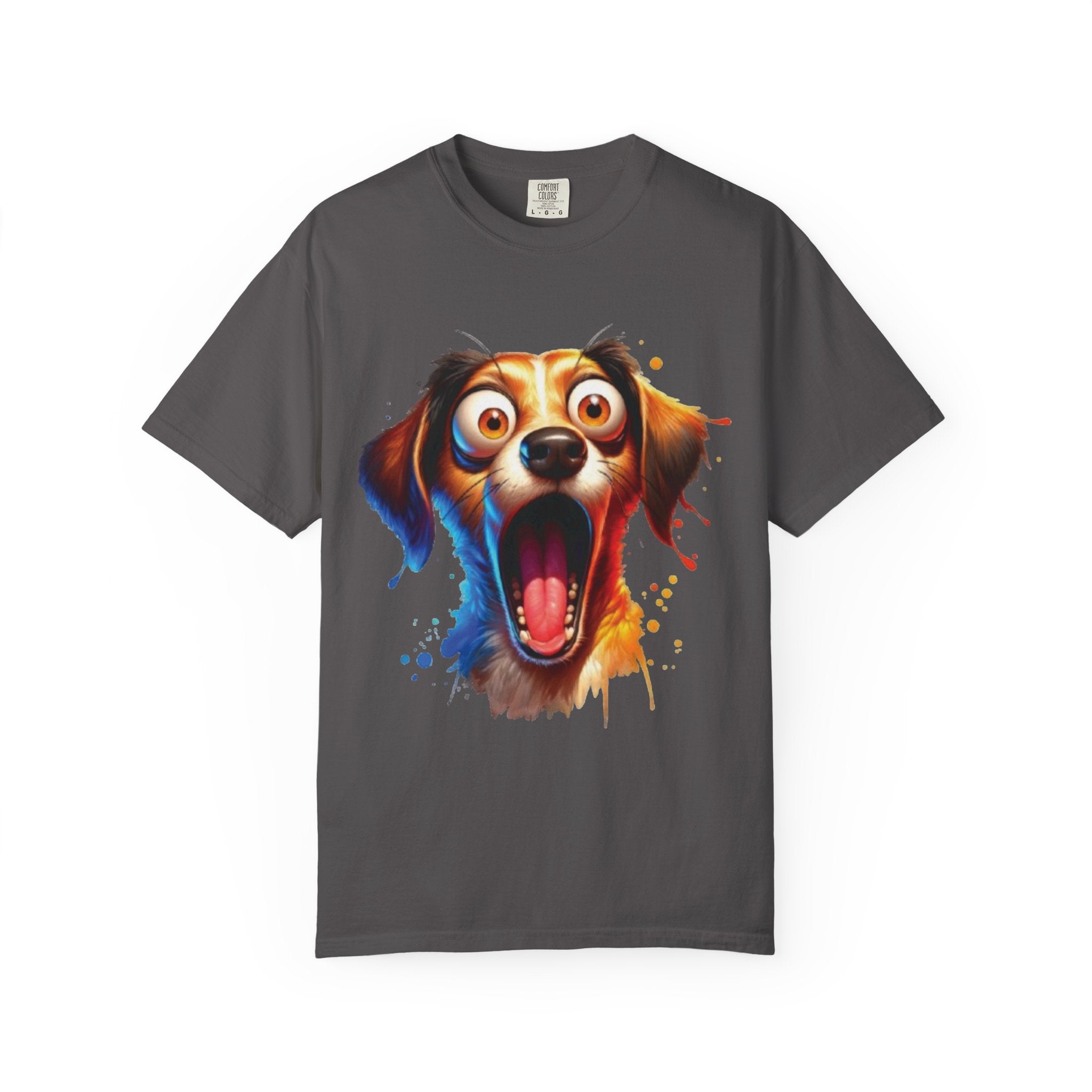 Funny Shocked Dog T-Shirt | Colorful Cartoon Pup Graphic Tee | Vibrant Splash Art