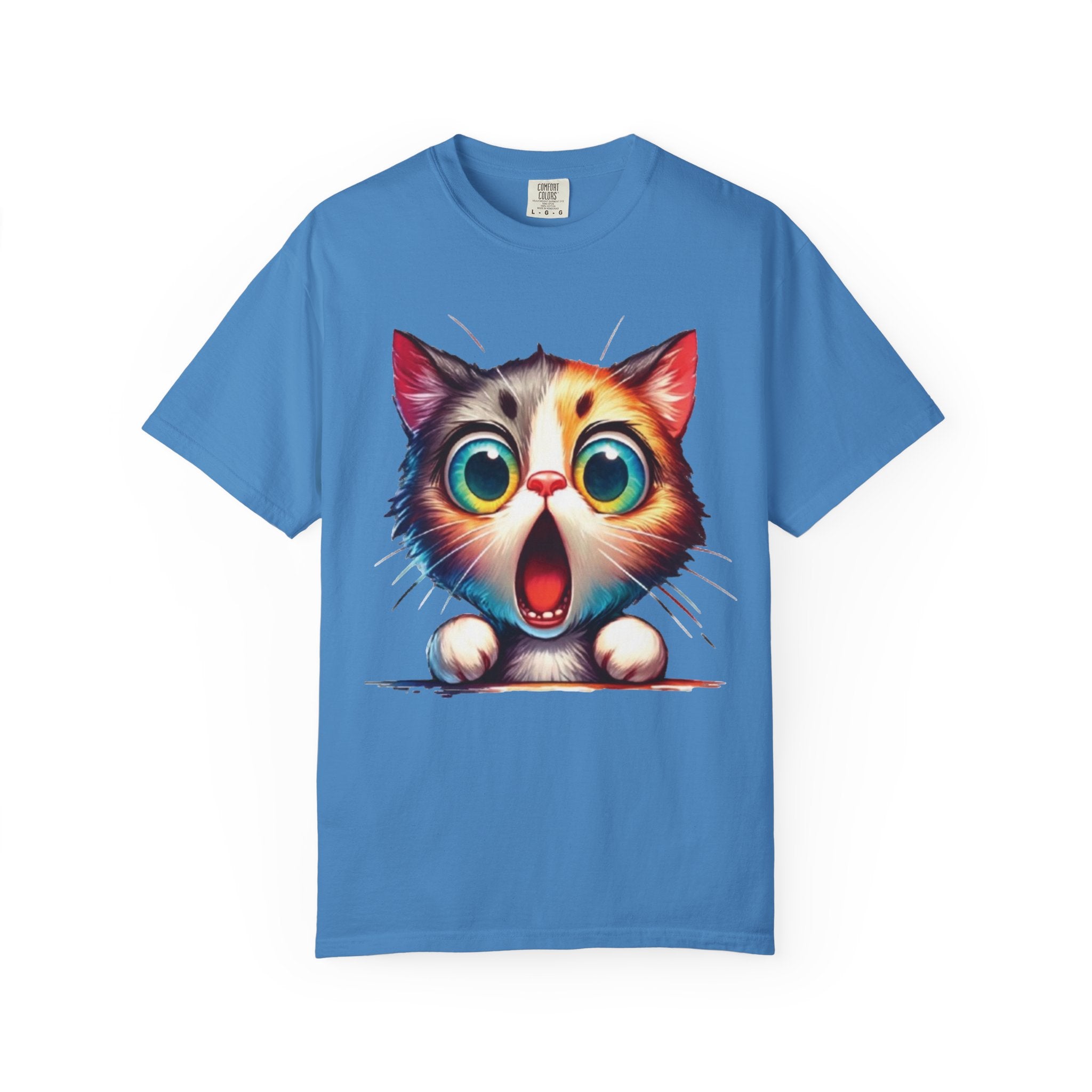 Surprised Kitty Cartoon T-Shirt | Vibrant Big-Eyed Cat Design | Color Pop Animal Graphic Tee