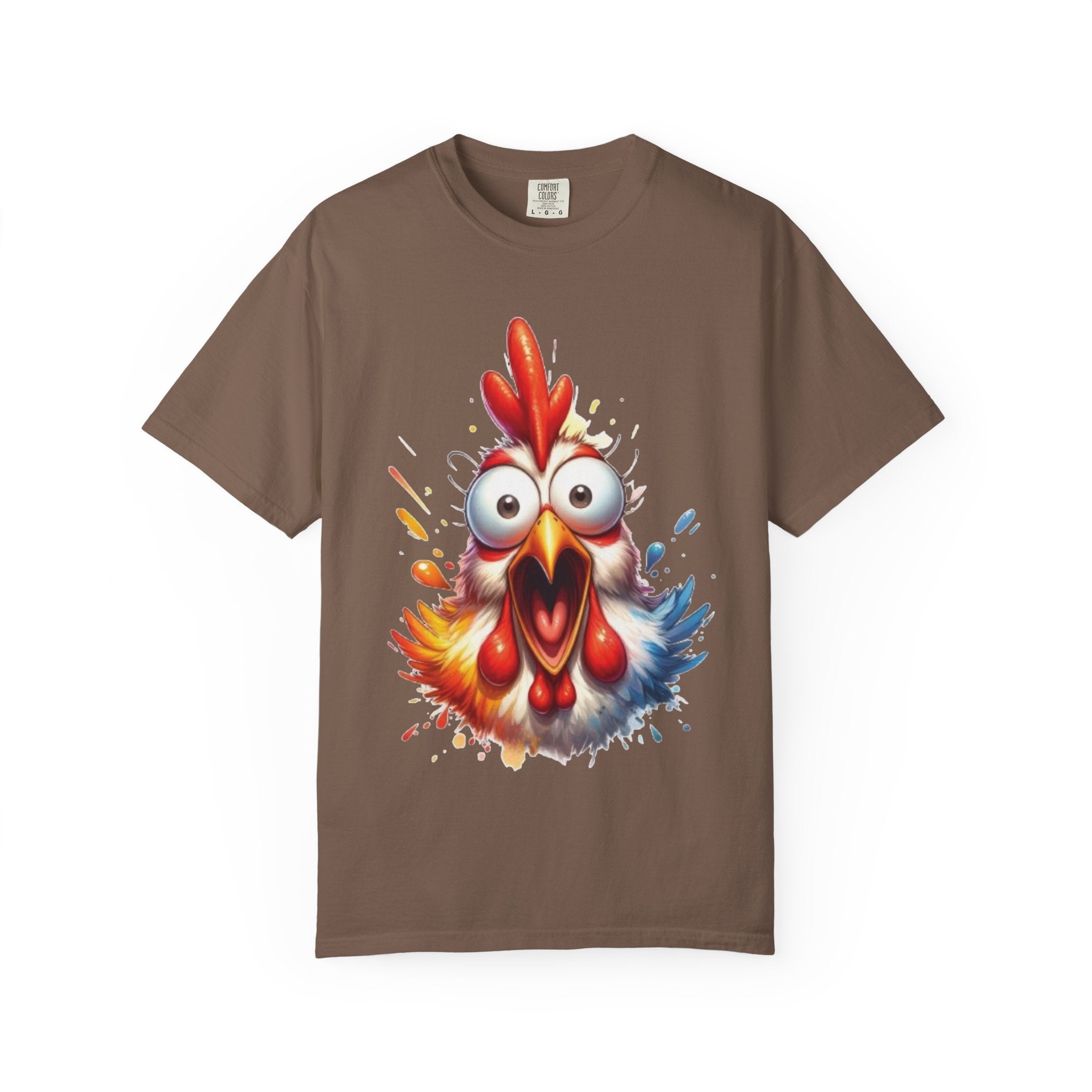 Funny Rooster Cartoon T-Shirt | Vibrant Shocked Chicken Design | Color Burst Animal Tee