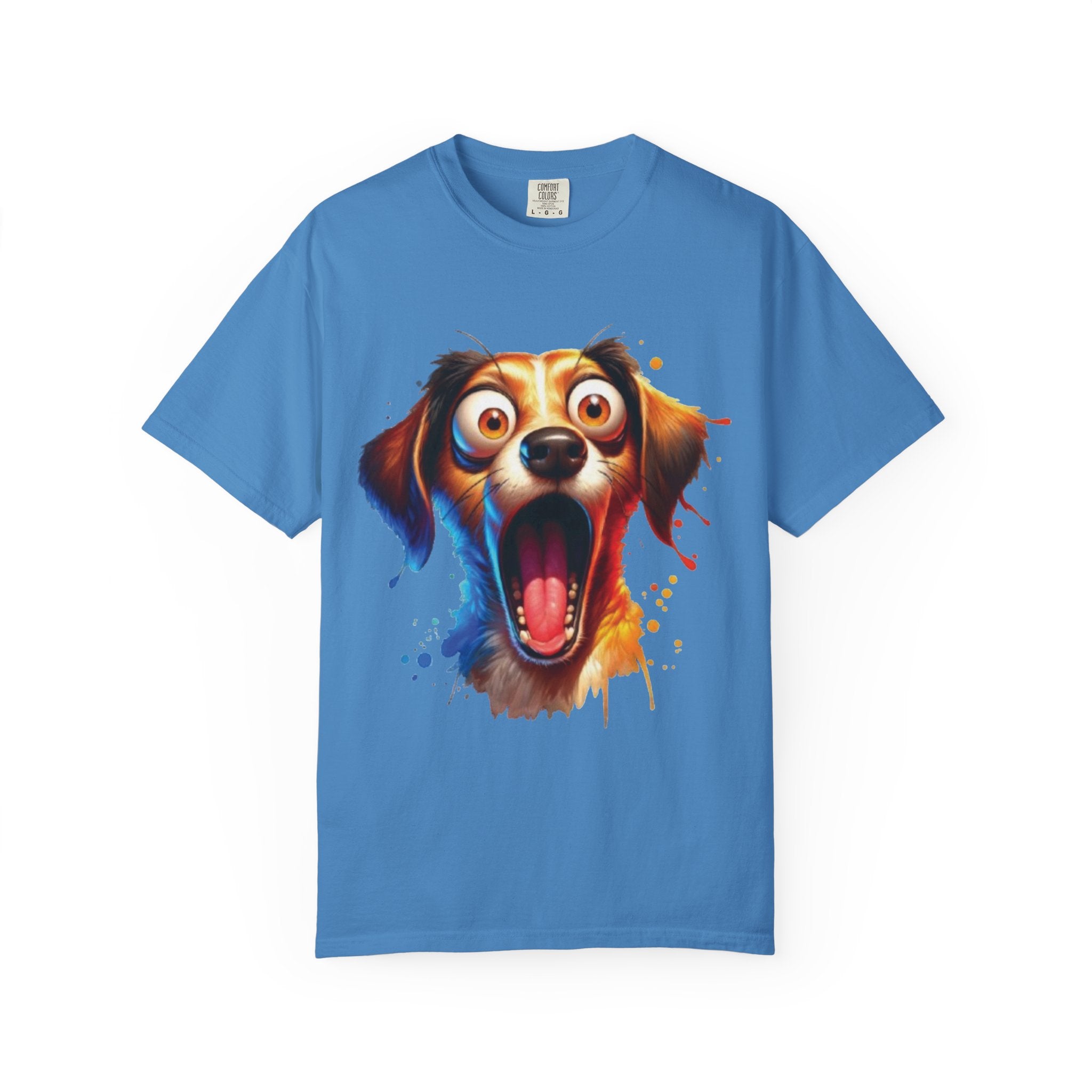 Funny Shocked Dog T-Shirt | Colorful Cartoon Pup Graphic Tee | Vibrant Splash Art
