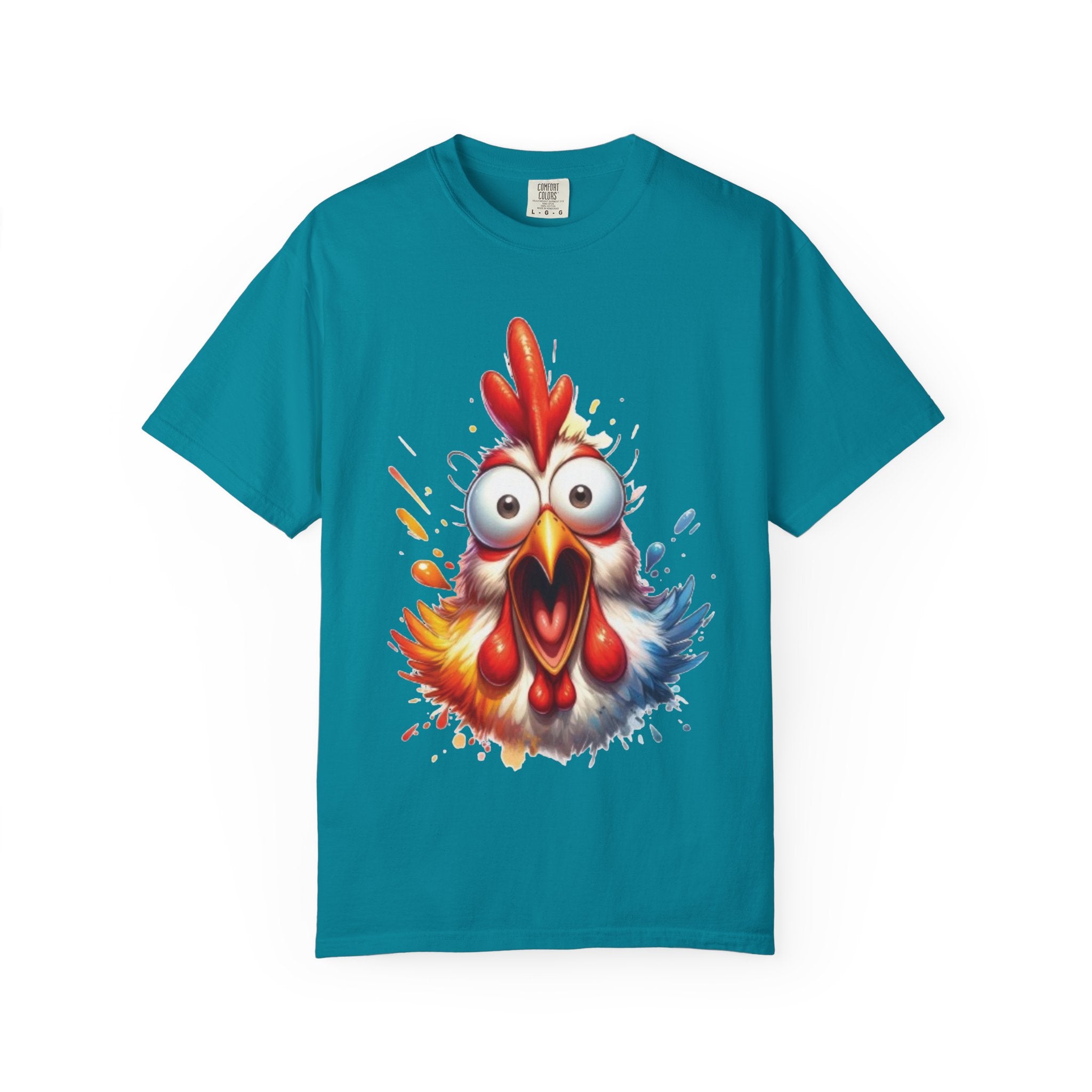 Funny Rooster Cartoon T-Shirt | Vibrant Shocked Chicken Design | Color Burst Animal Tee