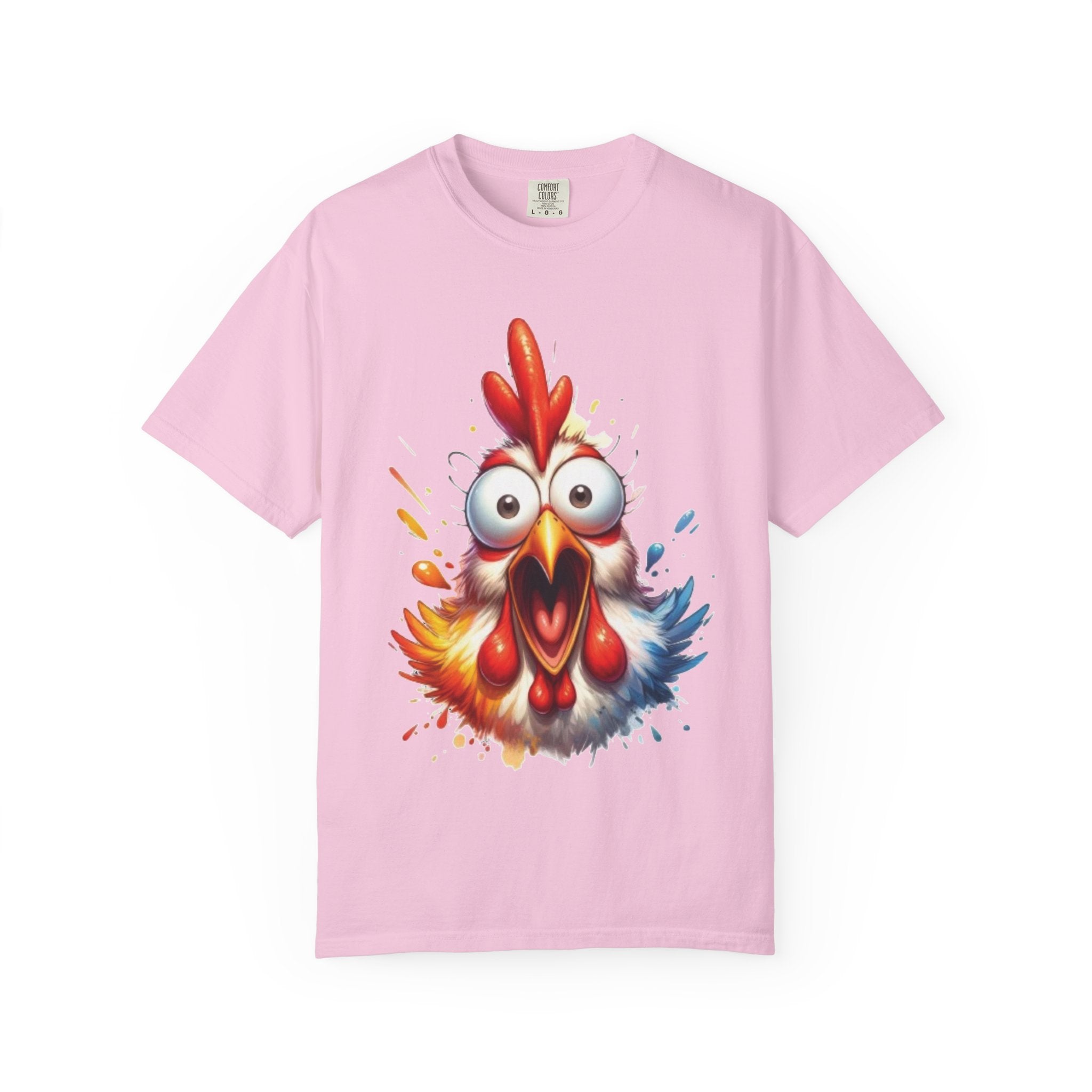 Funny Rooster Cartoon T-Shirt | Vibrant Shocked Chicken Design | Color Burst Animal Tee