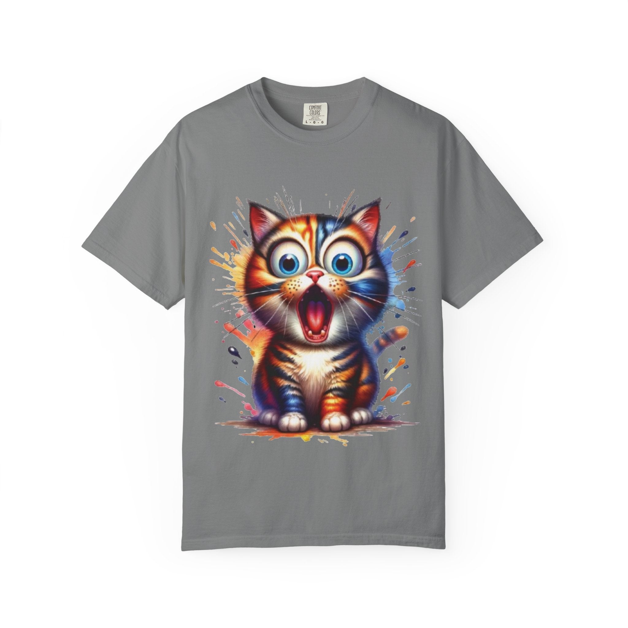 Cat-astrophic Surprise – Funny Wide-Eyed Kitty Design Graphic Tshirt