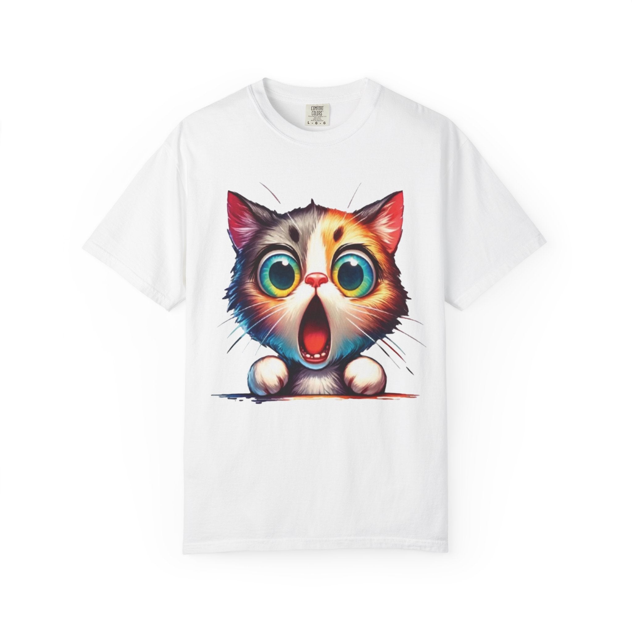 Surprised Kitty Cartoon T-Shirt | Vibrant Big-Eyed Cat Design | Color Pop Animal Graphic Tee