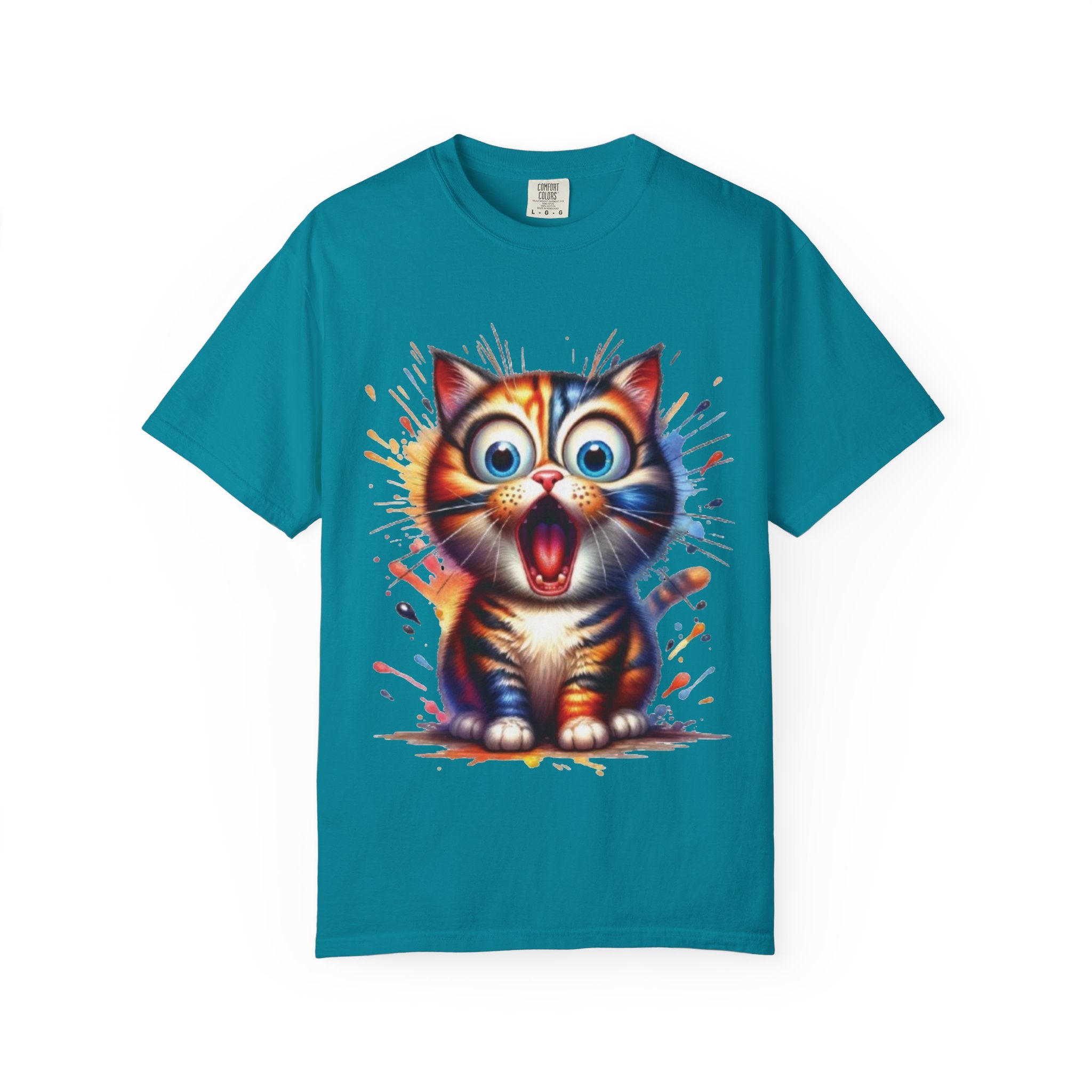 Cat-astrophic Surprise – Funny Wide-Eyed Kitty Design Graphic Tshirt