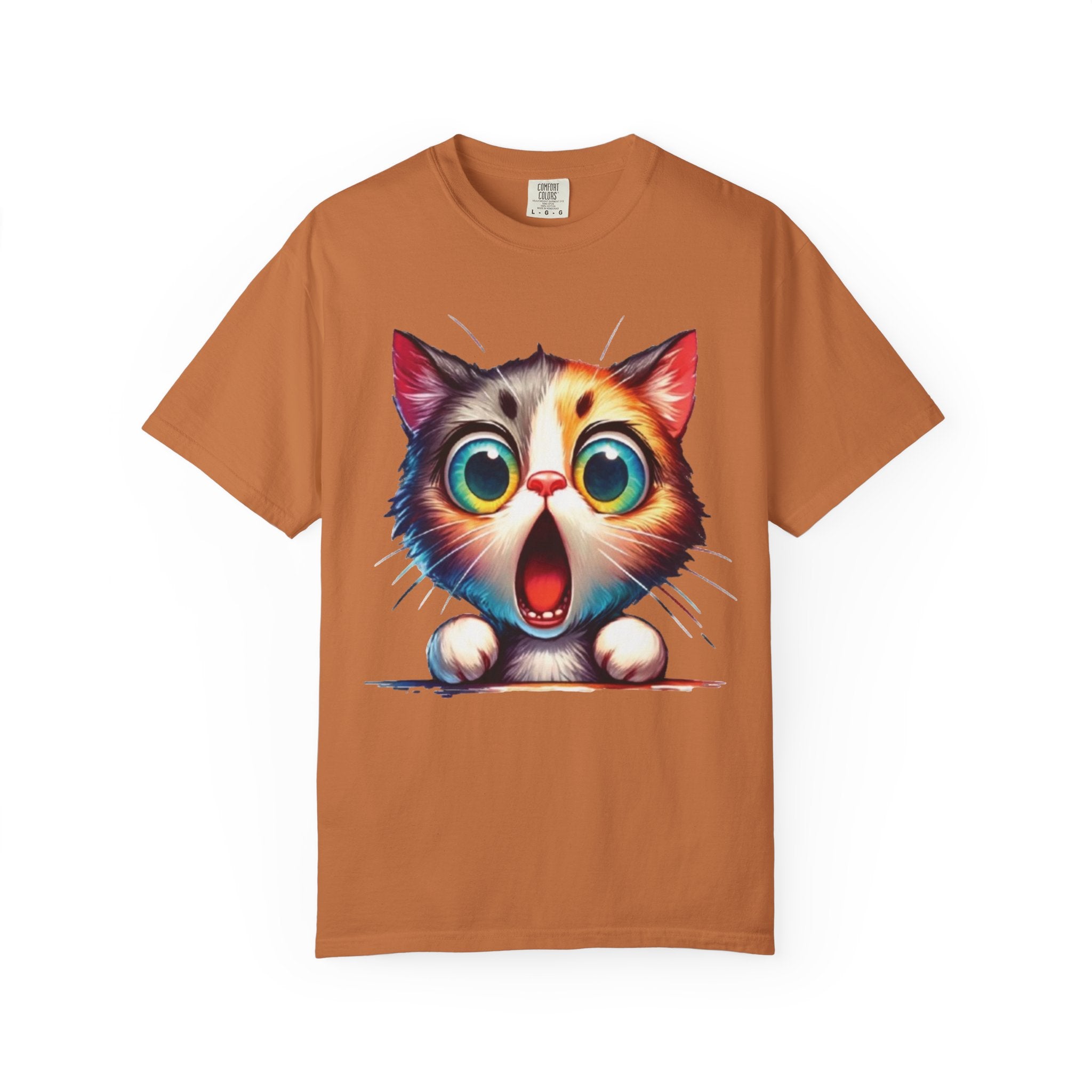 Surprised Kitty Cartoon T-Shirt | Vibrant Big-Eyed Cat Design | Color Pop Animal Graphic Tee