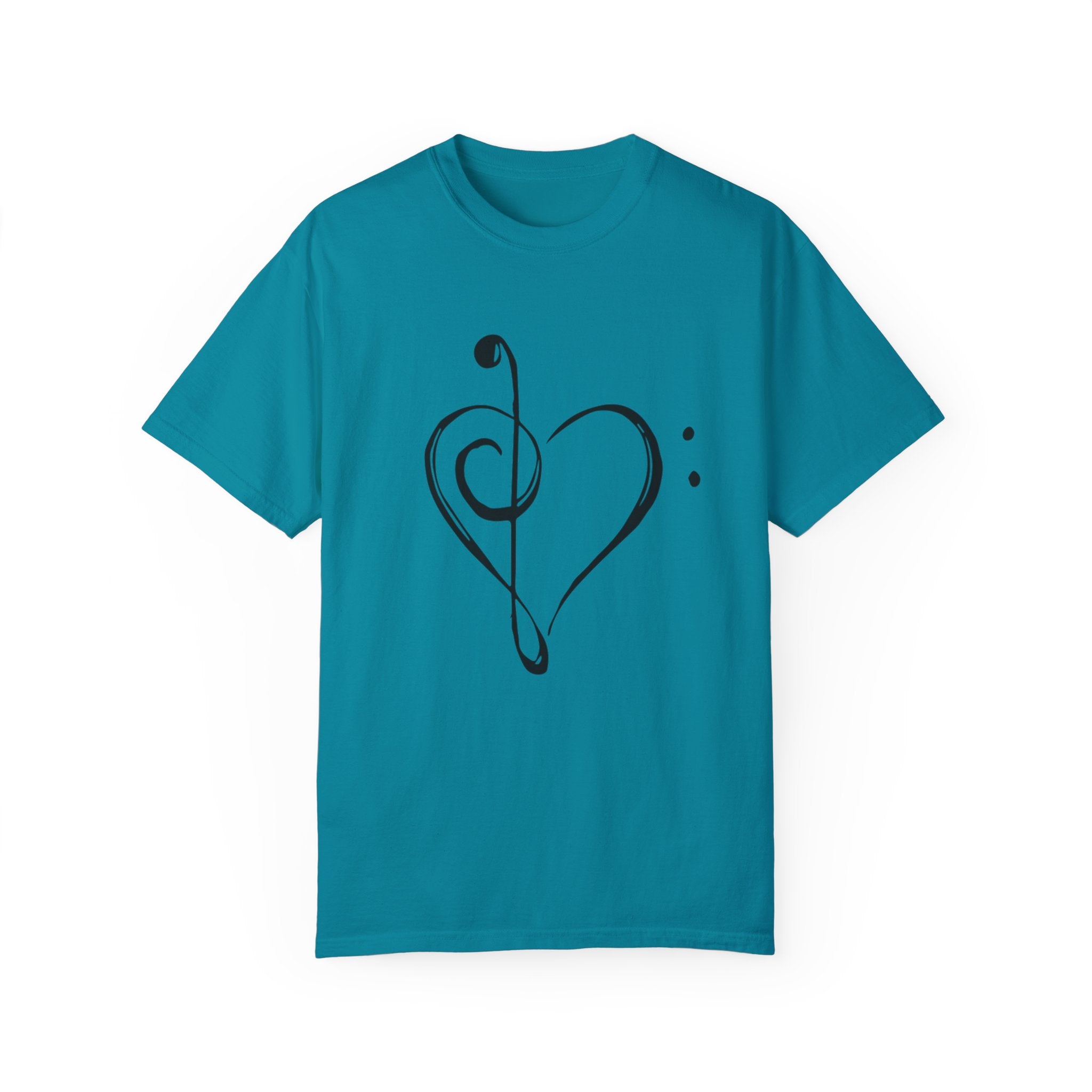 Love Music T-Shirt – Treble & Bass Clef Heart Design on Black Tee