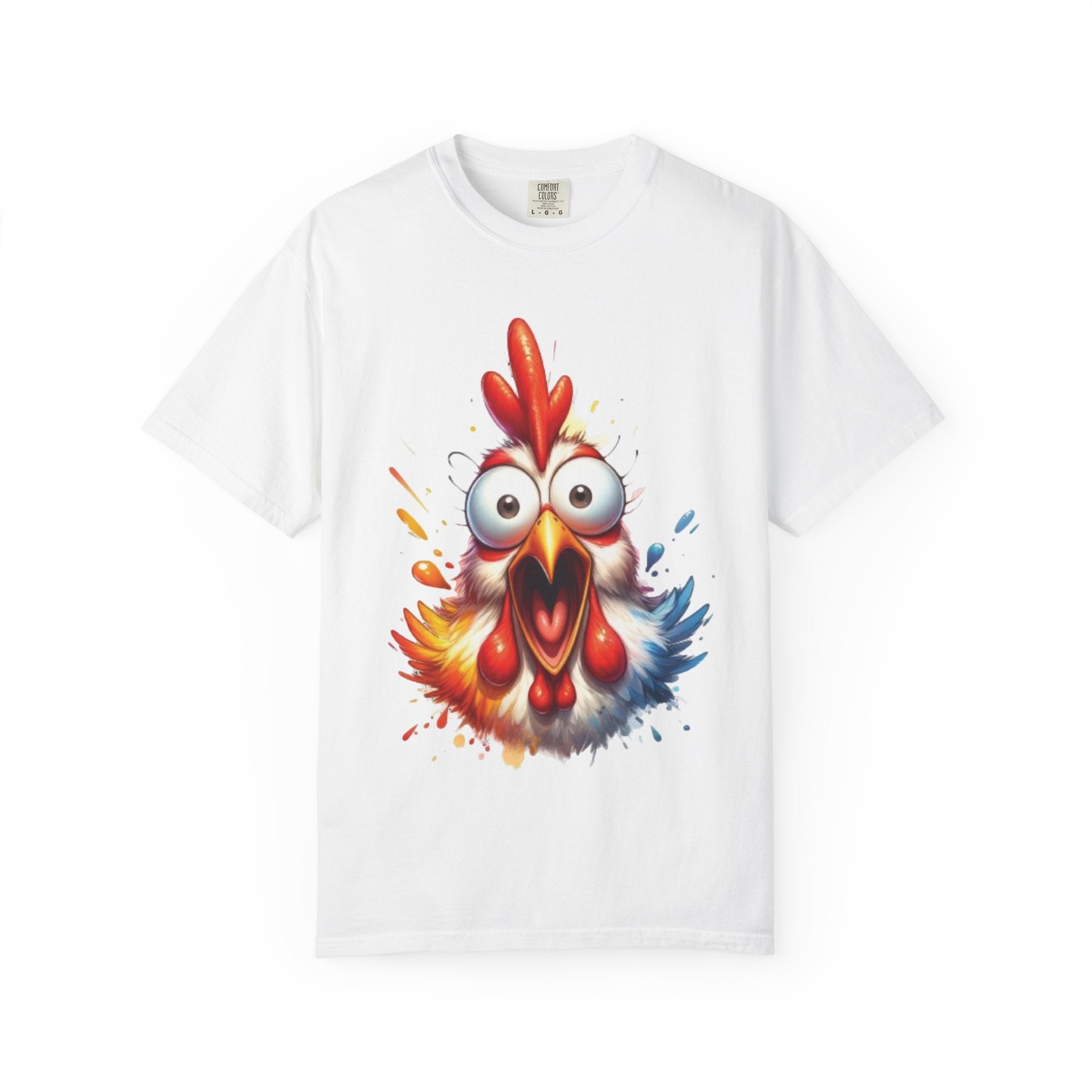 Funny Rooster Cartoon T-Shirt | Vibrant Shocked Chicken Design | Color Burst Animal Tee