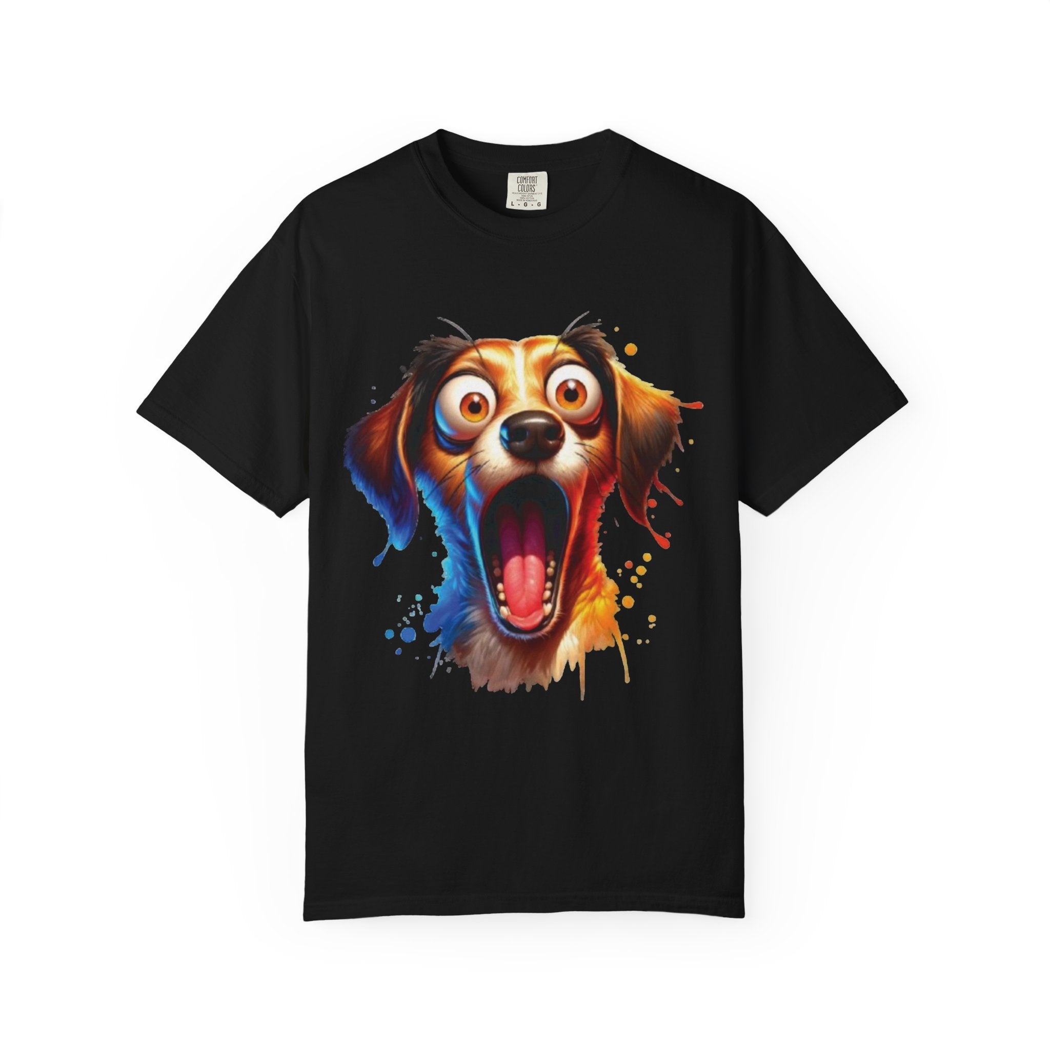 Funny Shocked Dog T-Shirt | Colorful Cartoon Pup Graphic Tee | Vibrant Splash Art