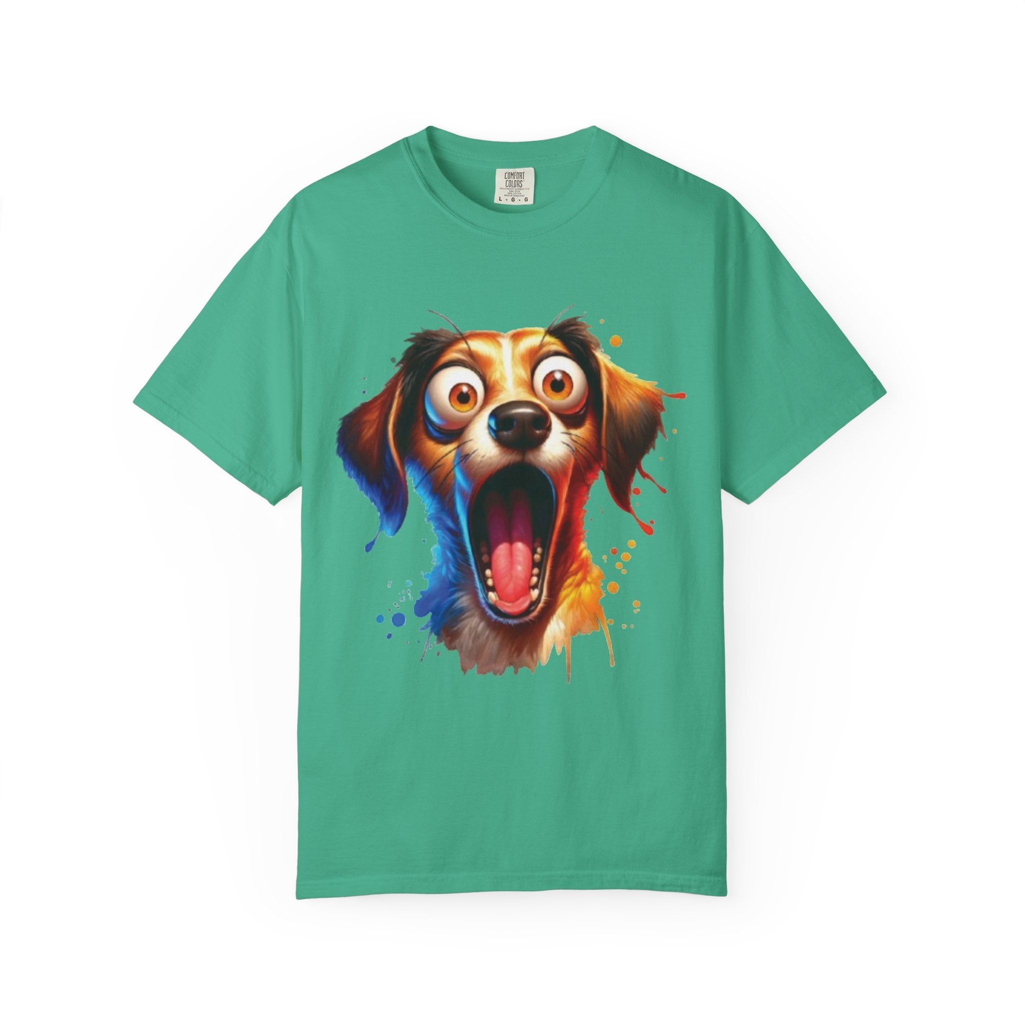 Funny Shocked Dog T-Shirt | Colorful Cartoon Pup Graphic Tee | Vibrant Splash Art