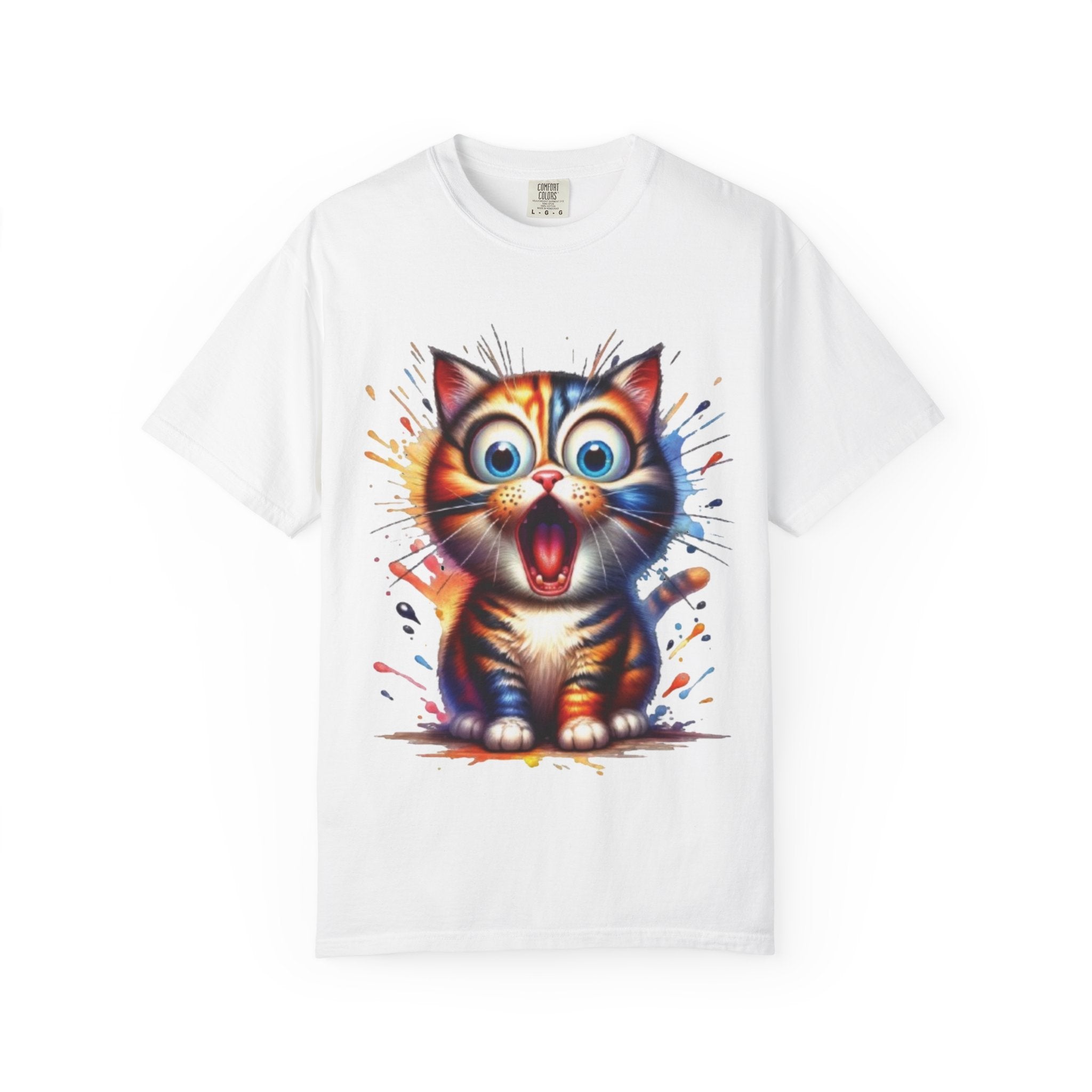 Cat-astrophic Surprise – Funny Wide-Eyed Kitty Design Graphic Tshirt