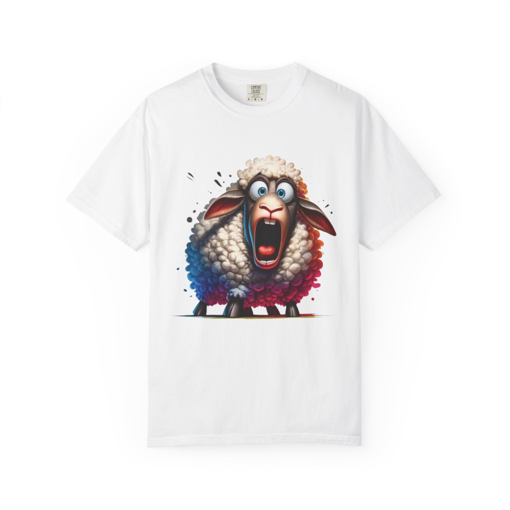 Funny Shocked Sheep T-Shirt | Cartoon Sheep Graphic Tee | Vibrant Art Design