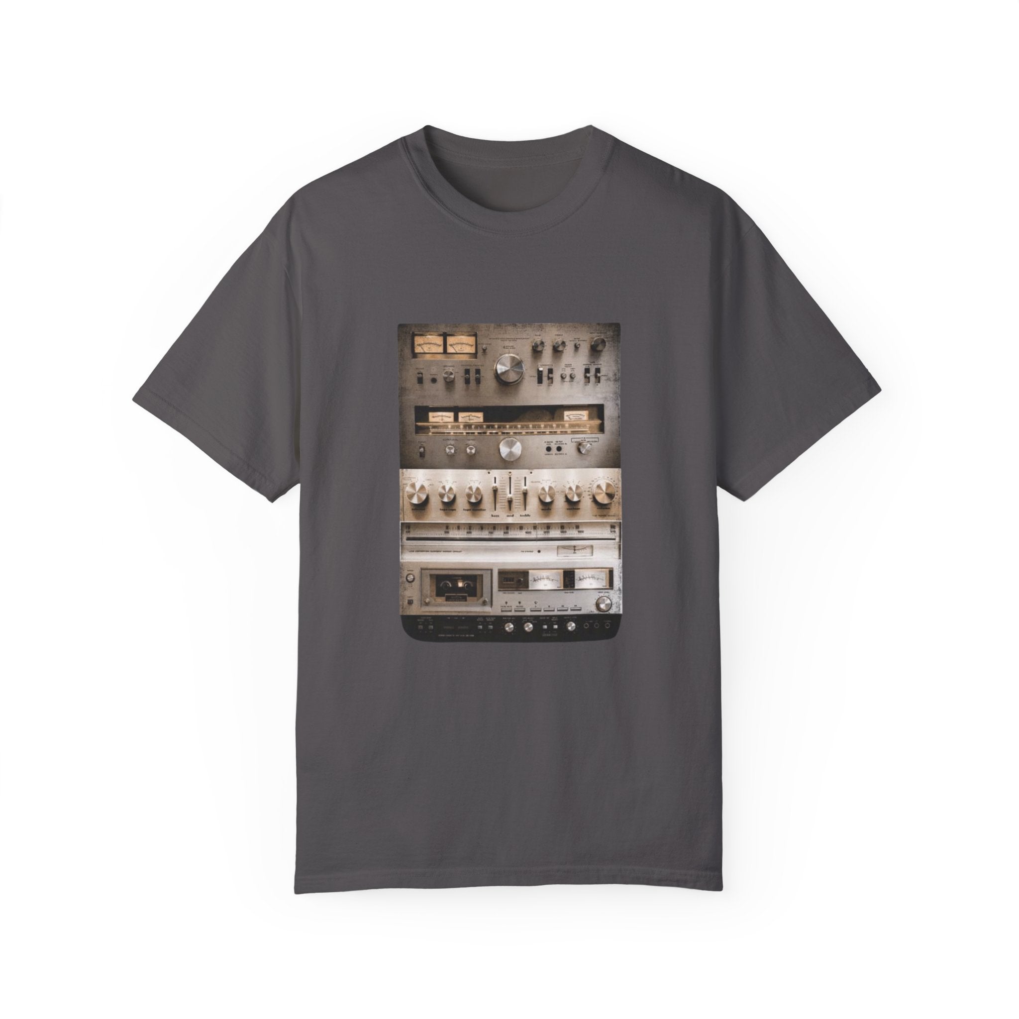 Vintage HiFi Sound System T-Shirt – Mixed Media Collage Audio Setup Tee for Music Lovers