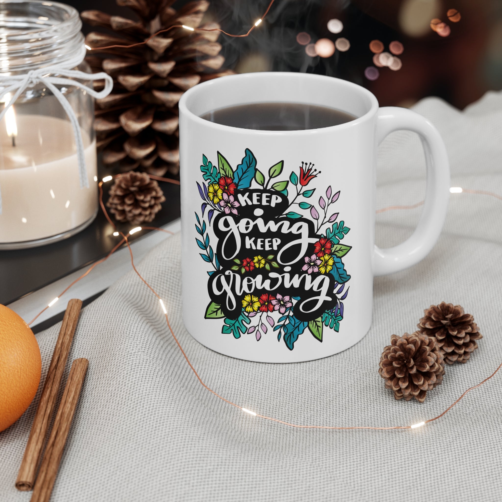 Keep Going Keep Growing Motivational 11oz White Mug - Floral Inspiration
