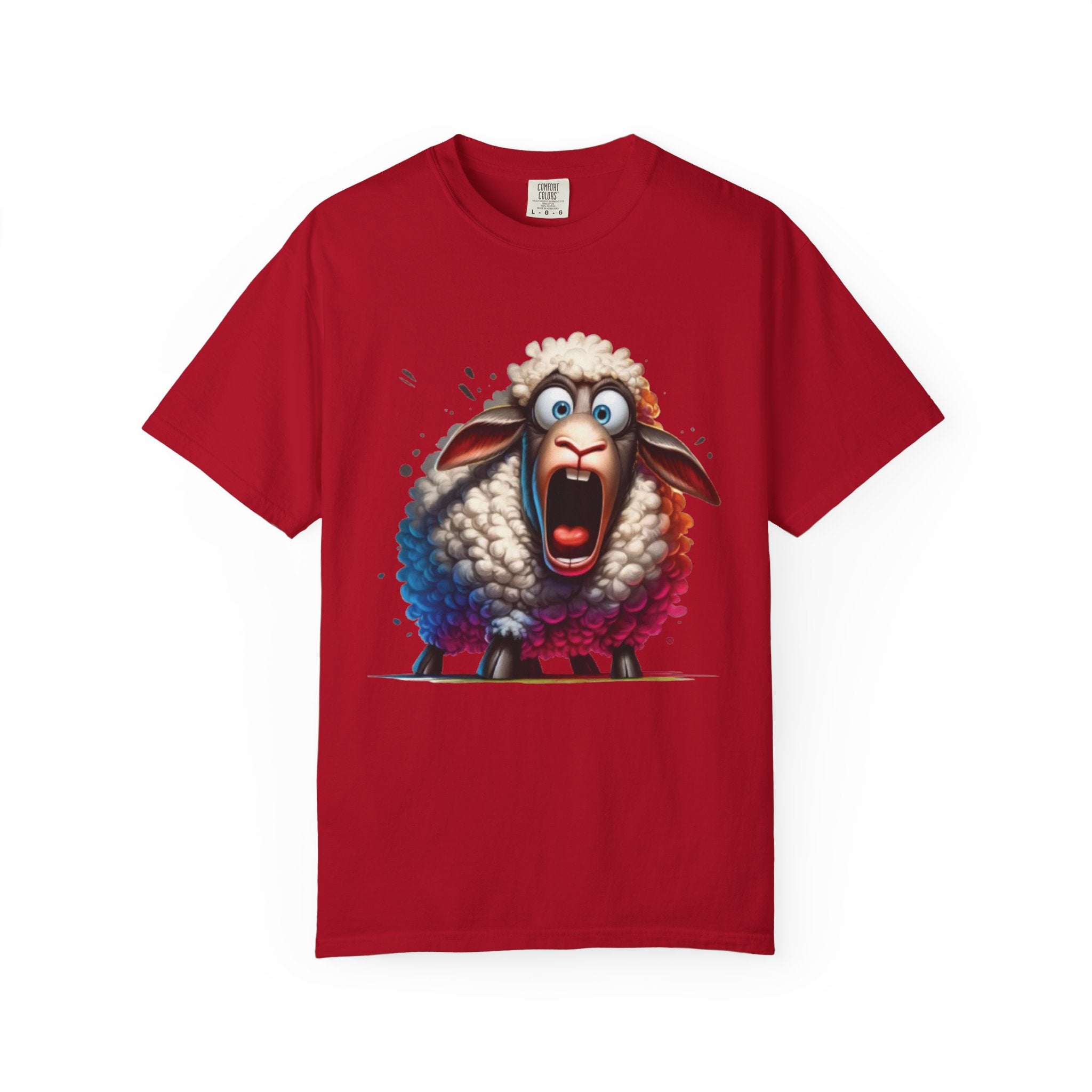 Funny Shocked Sheep T-Shirt | Cartoon Sheep Graphic Tee | Vibrant Art Design