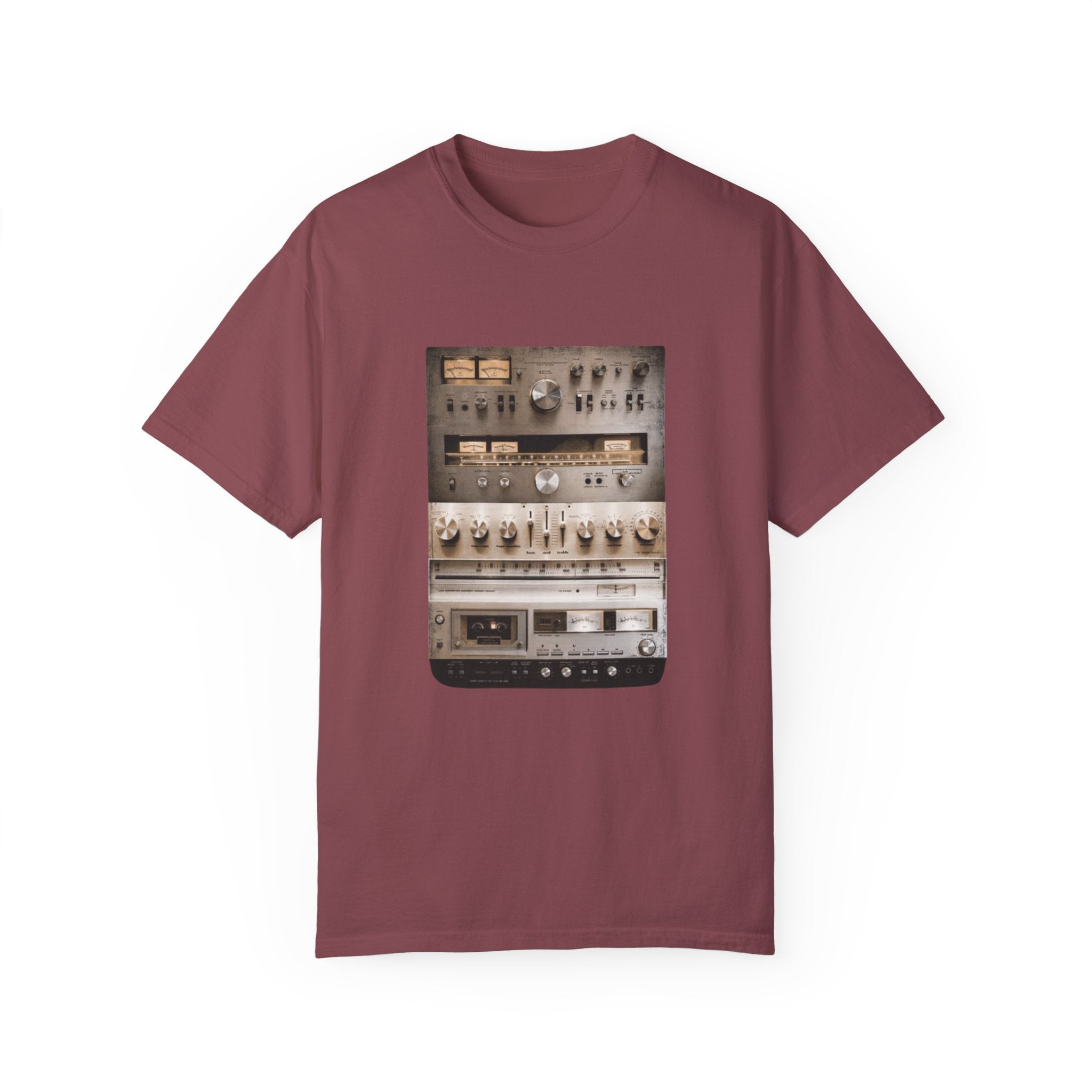 Vintage HiFi Sound System T-Shirt – Mixed Media Collage Audio Setup Tee for Music Lovers