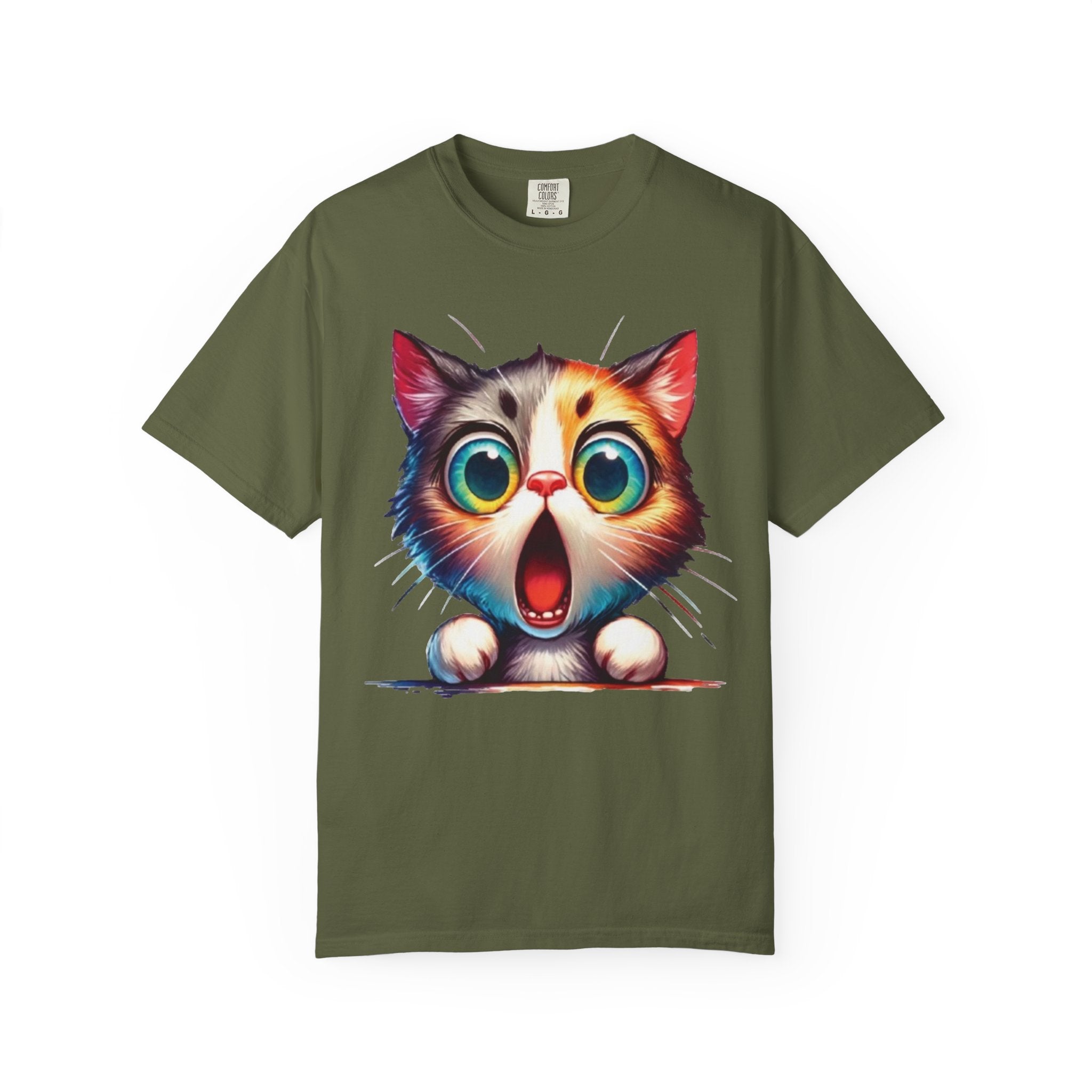 Surprised Kitty Cartoon T-Shirt | Vibrant Big-Eyed Cat Design | Color Pop Animal Graphic Tee