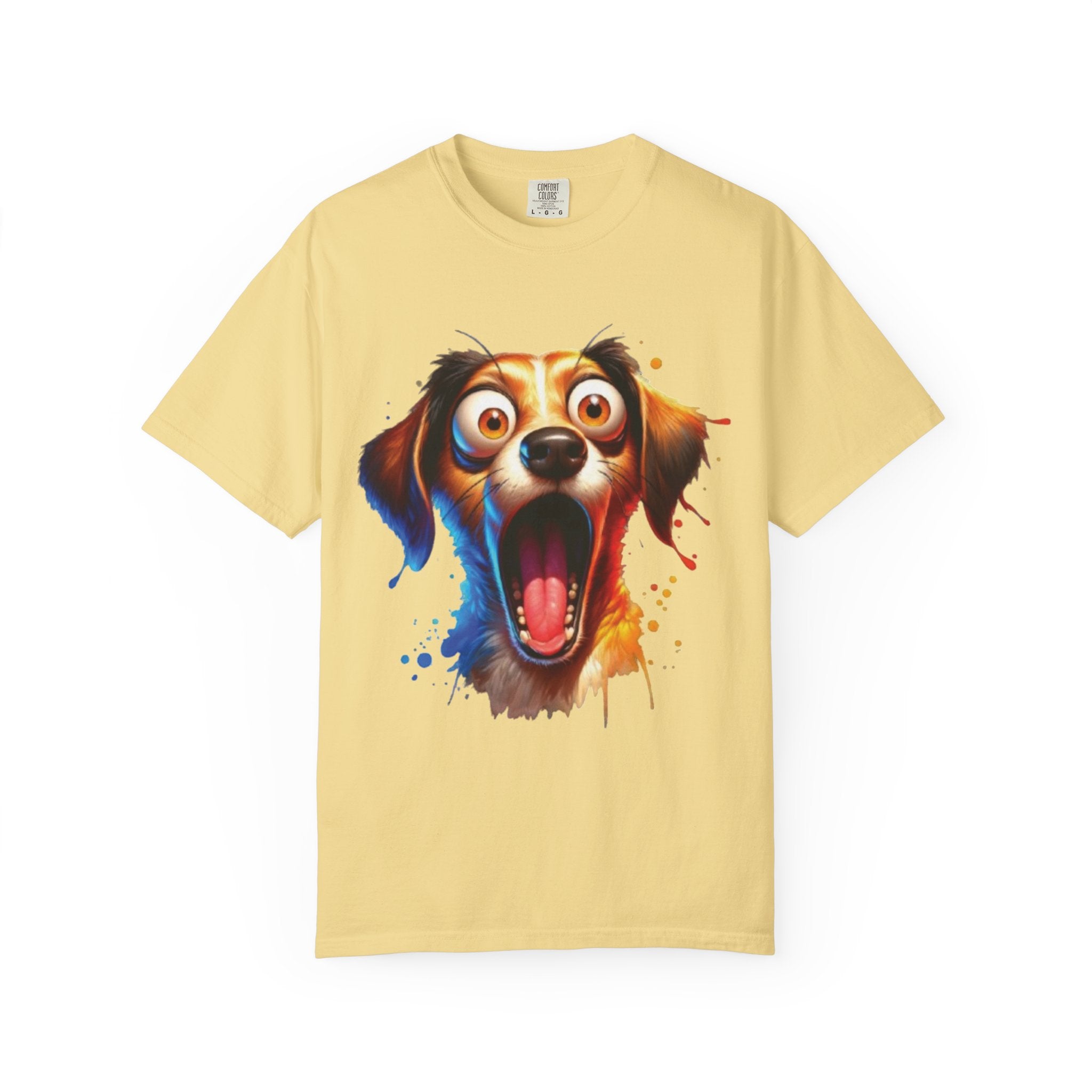 Funny Shocked Dog T-Shirt | Colorful Cartoon Pup Graphic Tee | Vibrant Splash Art