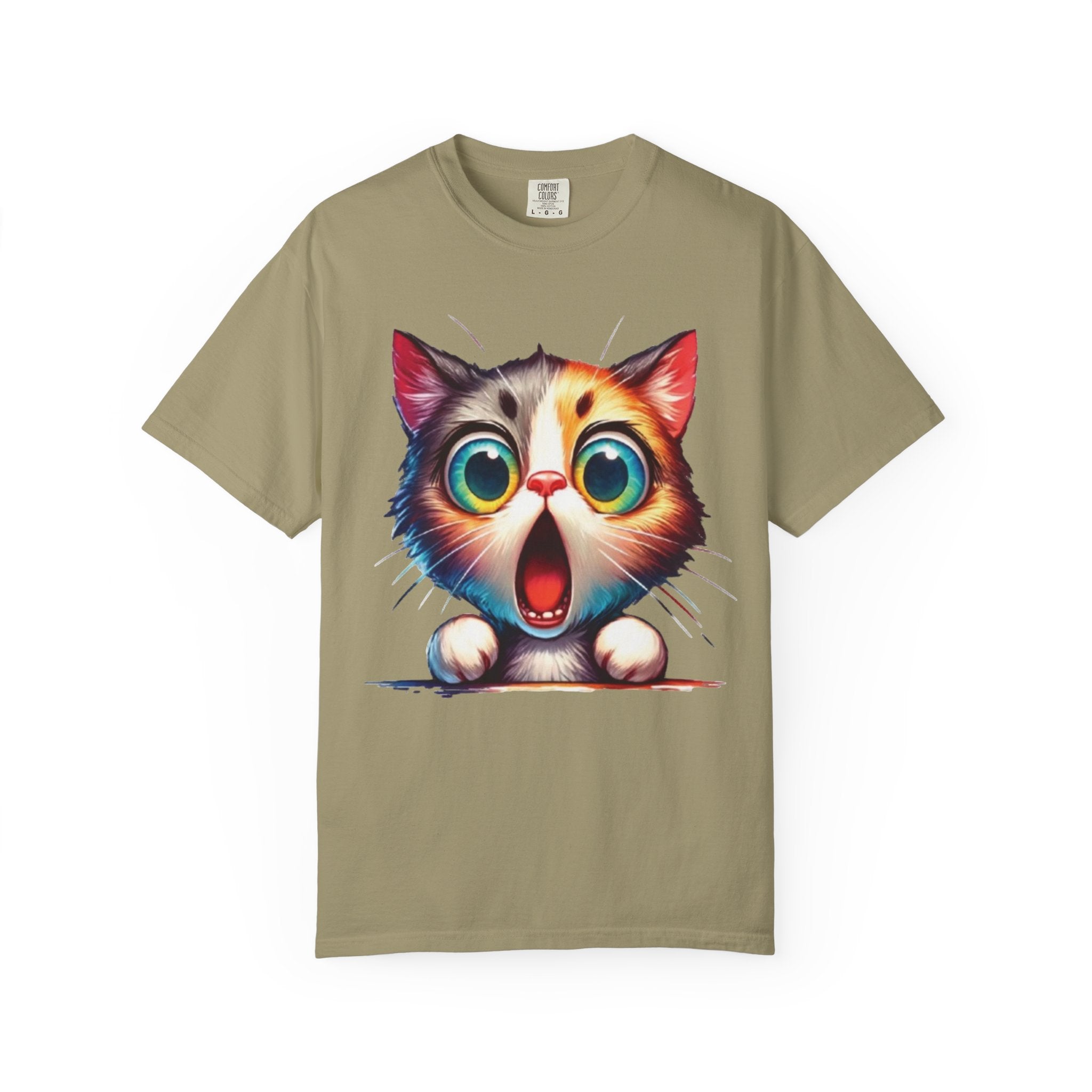 Surprised Kitty Cartoon T-Shirt | Vibrant Big-Eyed Cat Design | Color Pop Animal Graphic Tee