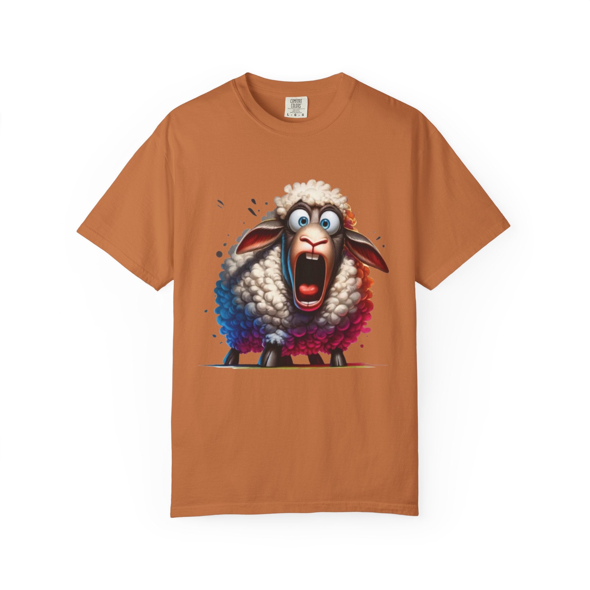 Funny Shocked Sheep T-Shirt | Cartoon Sheep Graphic Tee | Vibrant Art Design