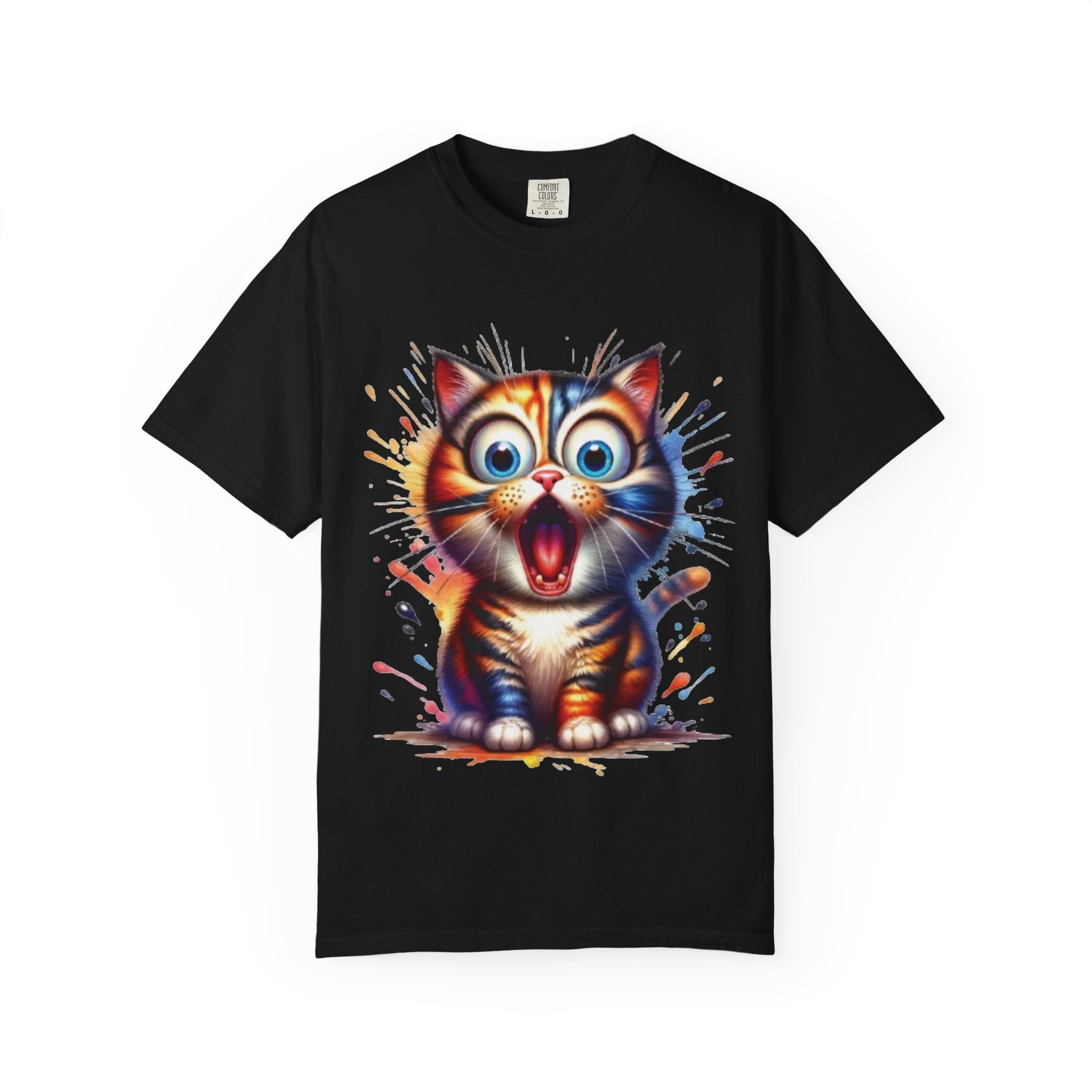 Cat-astrophic Surprise – Funny Wide-Eyed Kitty Design Graphic Tshirt