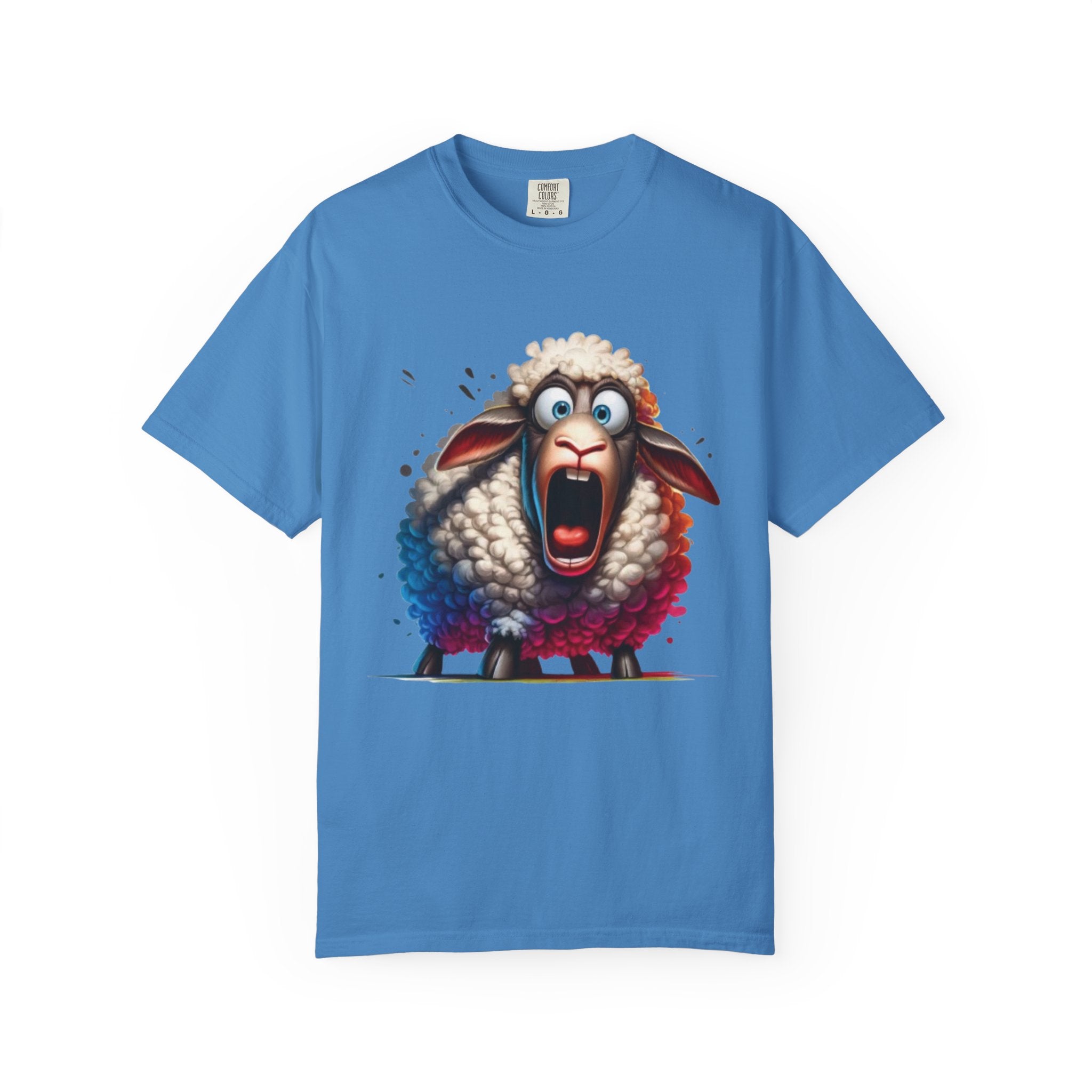 Funny Shocked Sheep T-Shirt | Cartoon Sheep Graphic Tee | Vibrant Art Design