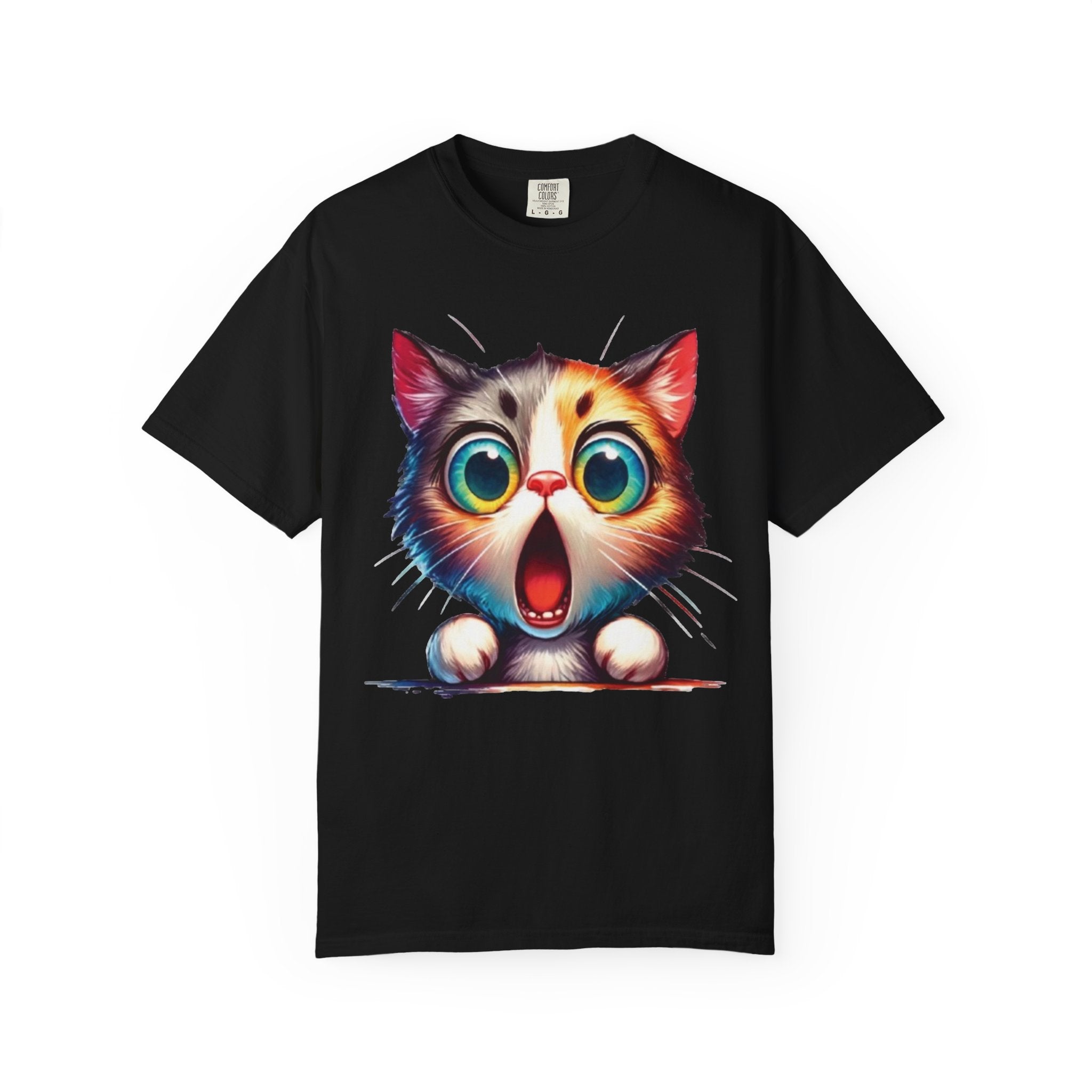 Surprised Kitty Cartoon T-Shirt | Vibrant Big-Eyed Cat Design | Color Pop Animal Graphic Tee