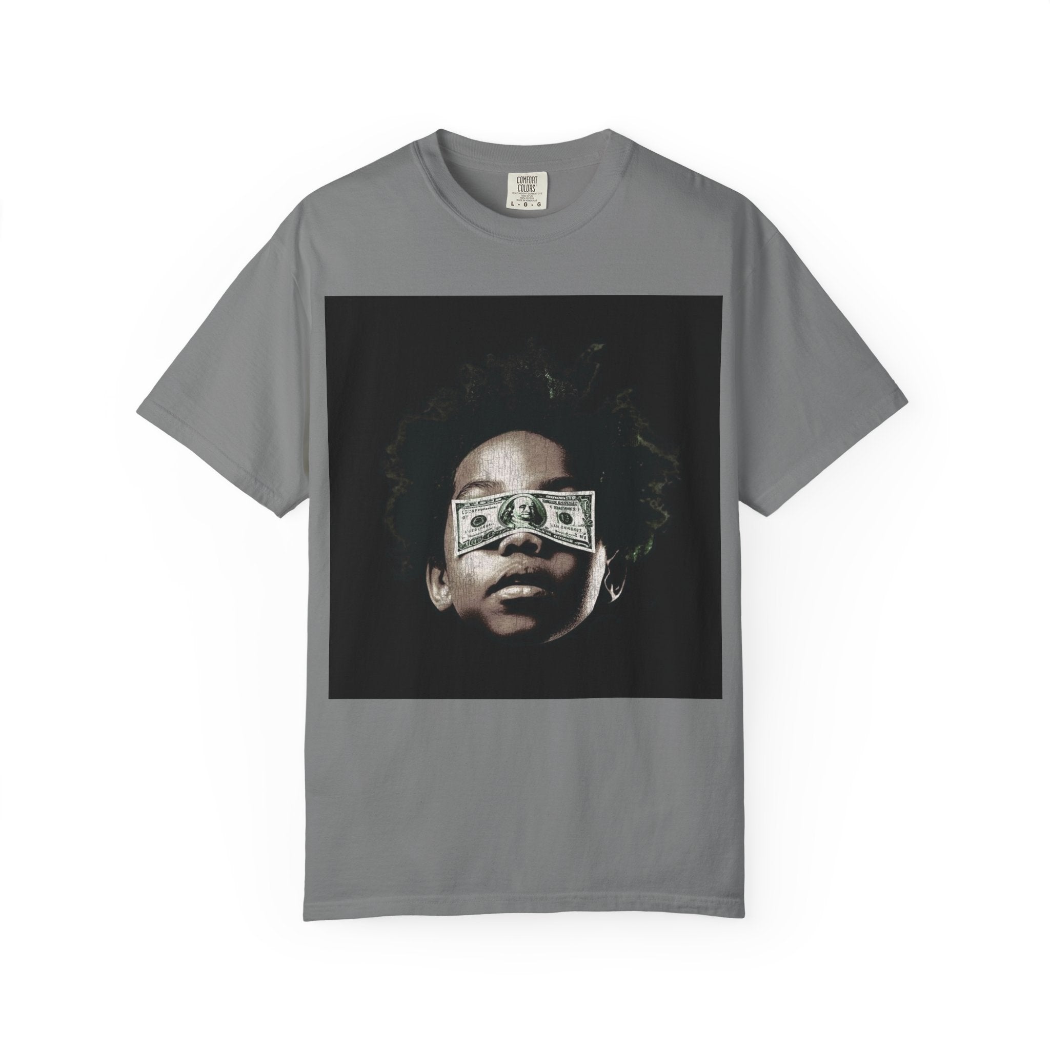 Money Vision Street Art T-Shirt – Bold Afro Urban Commentary Design