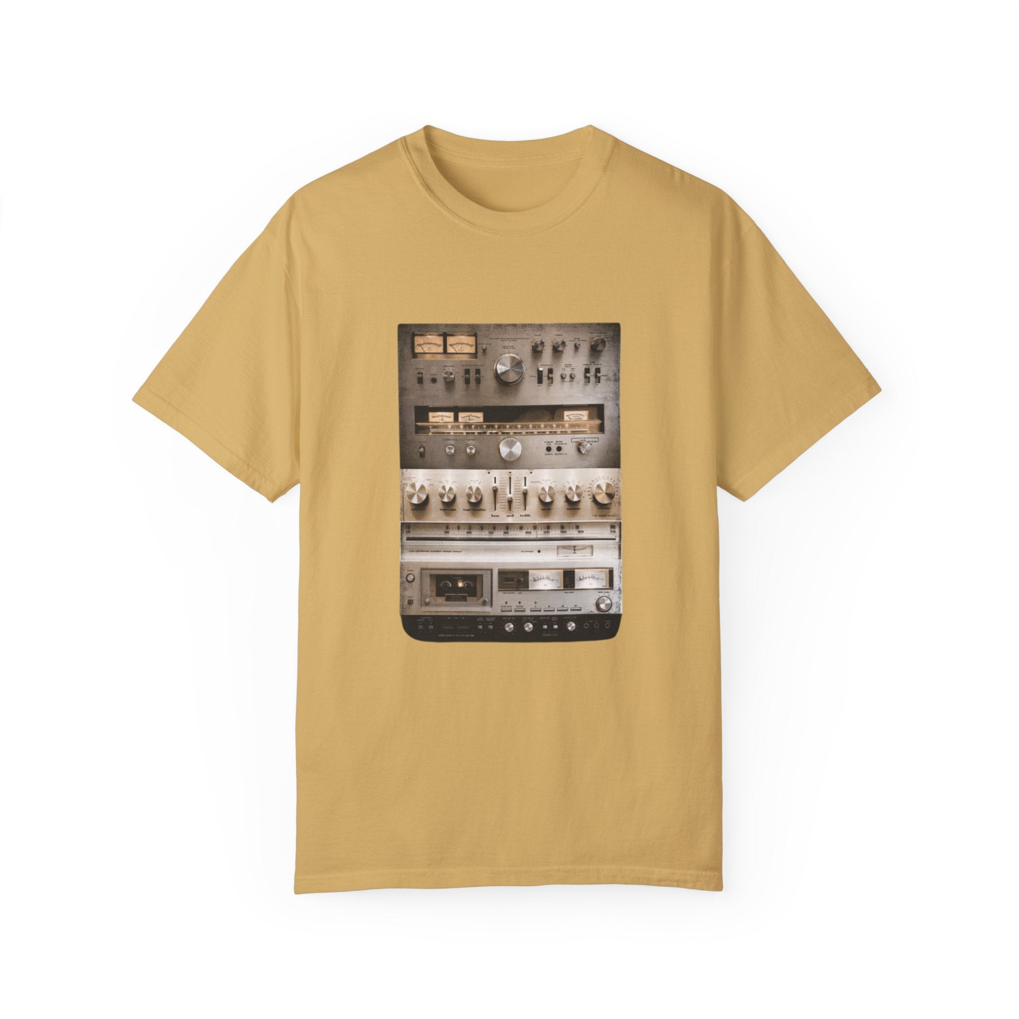 Vintage HiFi Sound System T-Shirt – Mixed Media Collage Audio Setup Tee for Music Lovers
