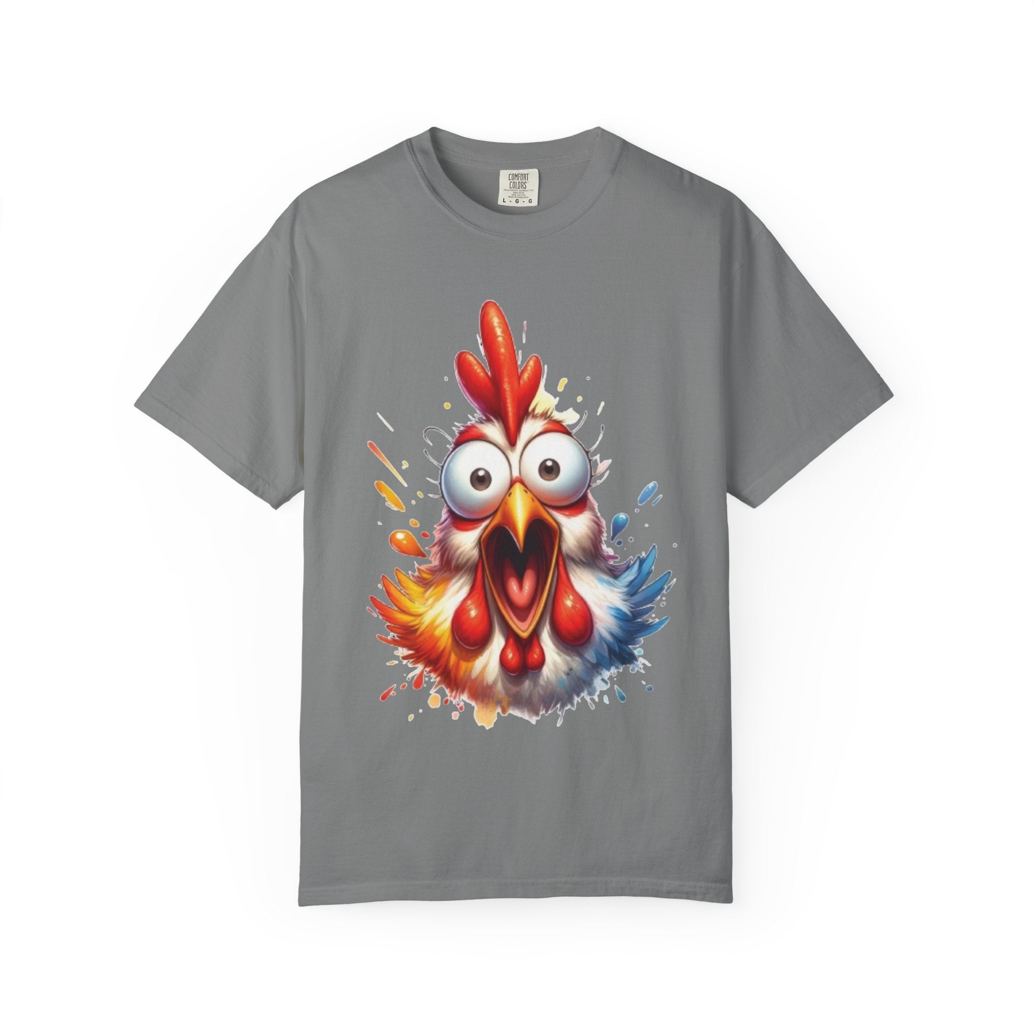 Funny Rooster Cartoon T-Shirt | Vibrant Shocked Chicken Design | Color Burst Animal Tee
