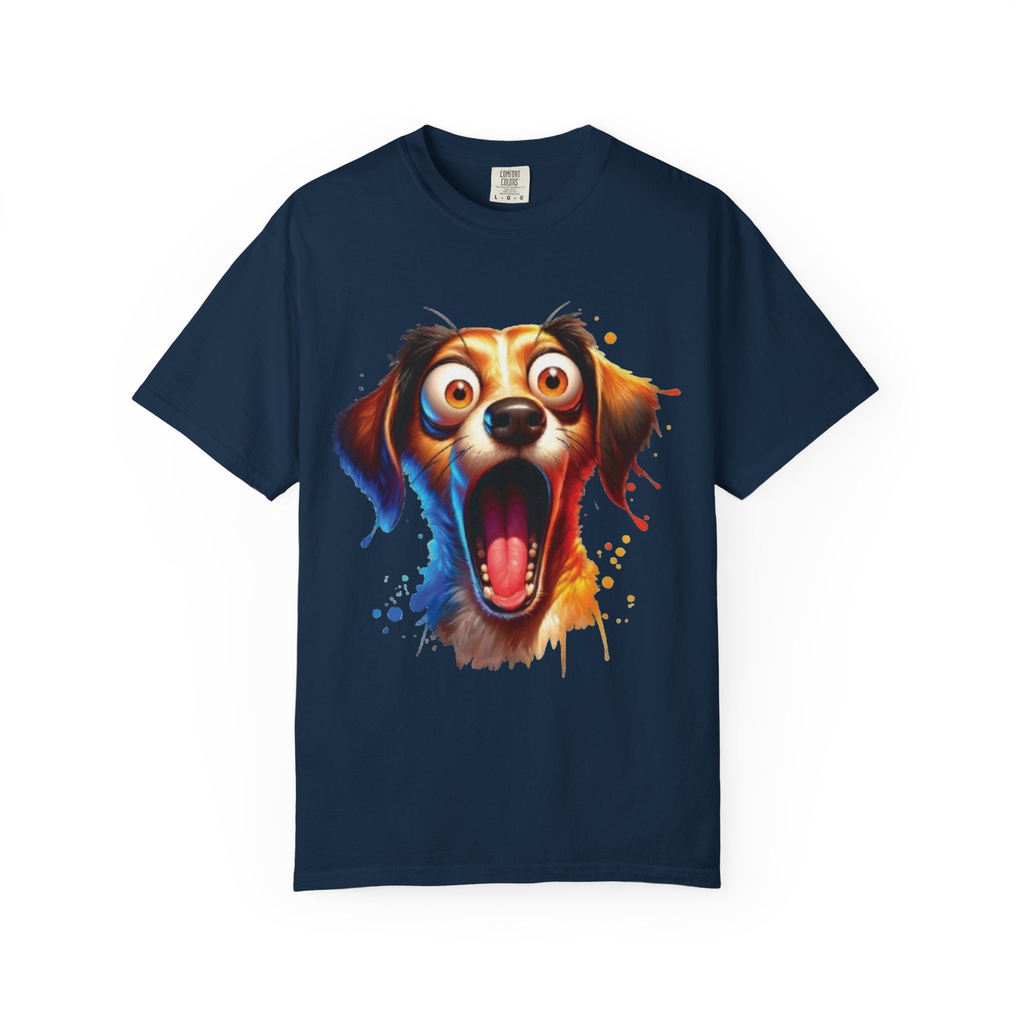 Funny Shocked Dog T-Shirt | Colorful Cartoon Pup Graphic Tee | Vibrant Splash Art