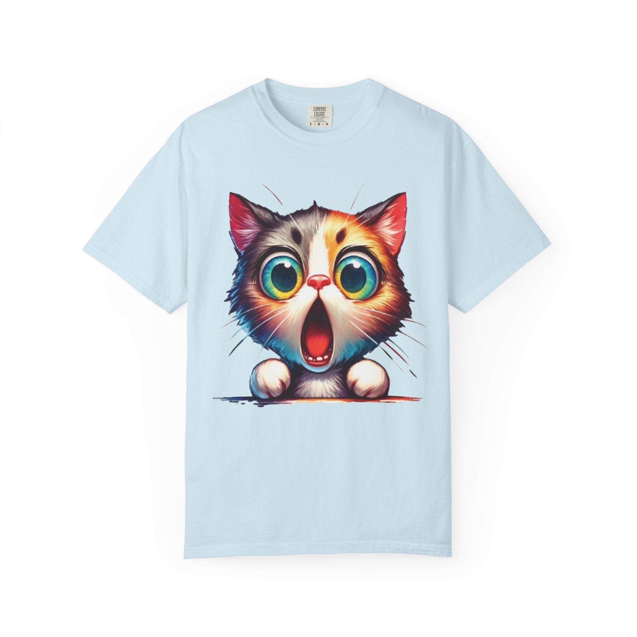Surprised Kitty Cartoon T-Shirt | Vibrant Big-Eyed Cat Design | Color Pop Animal Graphic Tee