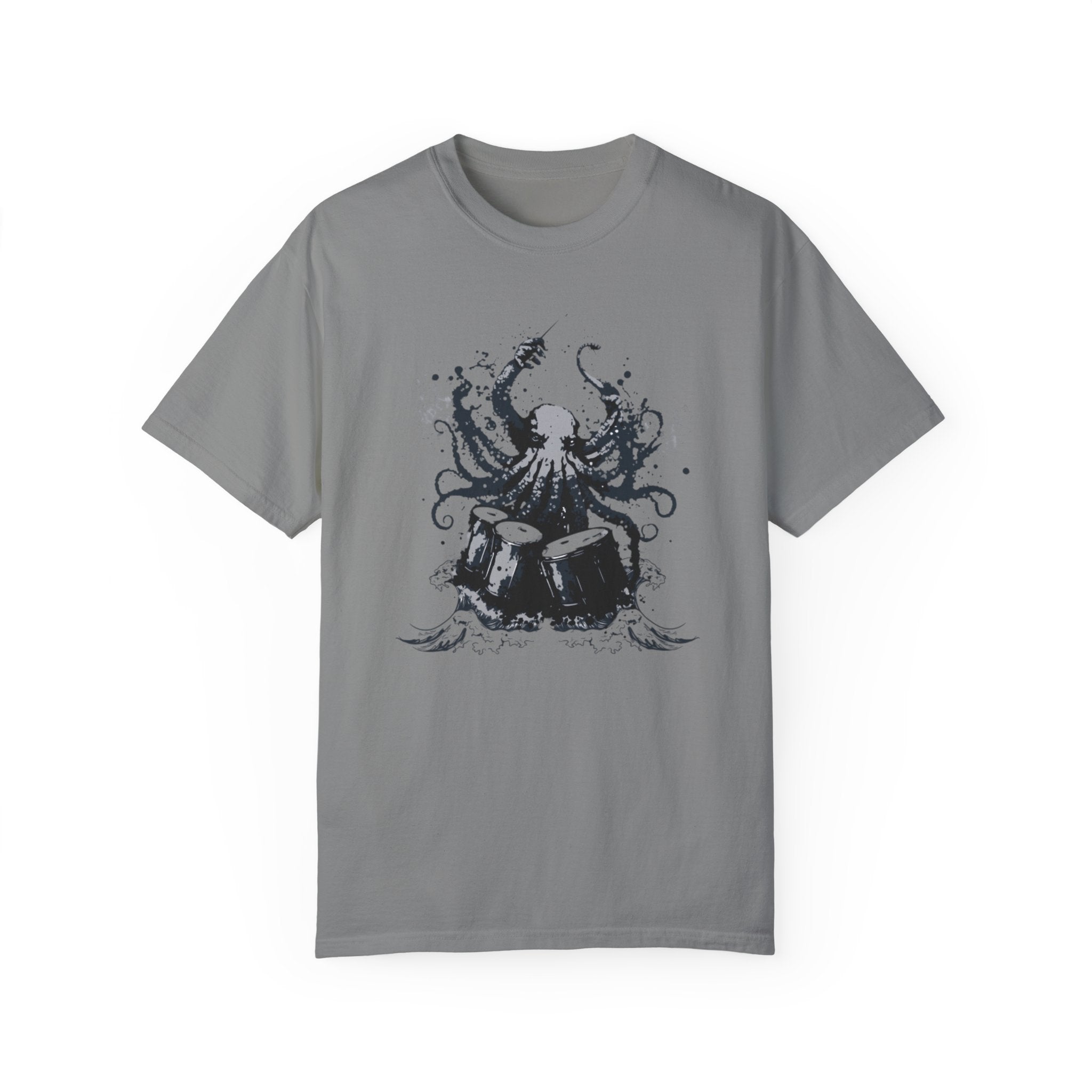 Unique Octopus Playing Drums Artistic T-Shirt – Creative Drummer Tee for Music & Art Lovers