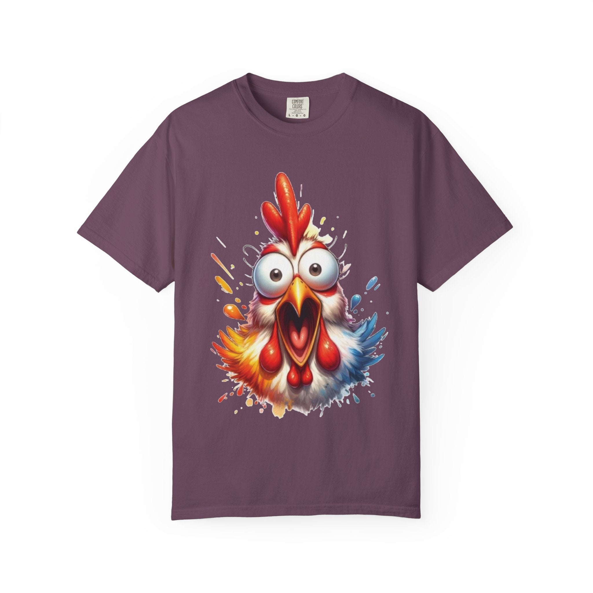 Funny Rooster Cartoon T-Shirt | Vibrant Shocked Chicken Design | Color Burst Animal Tee