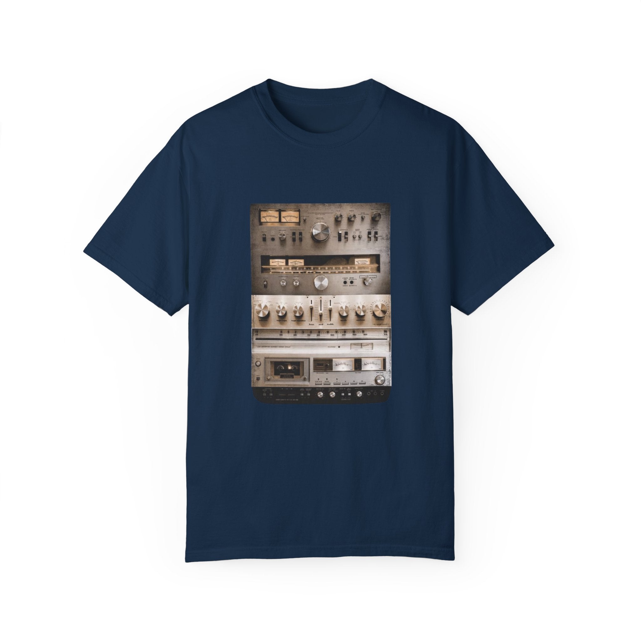 Vintage HiFi Sound System T-Shirt – Mixed Media Collage Audio Setup Tee for Music Lovers