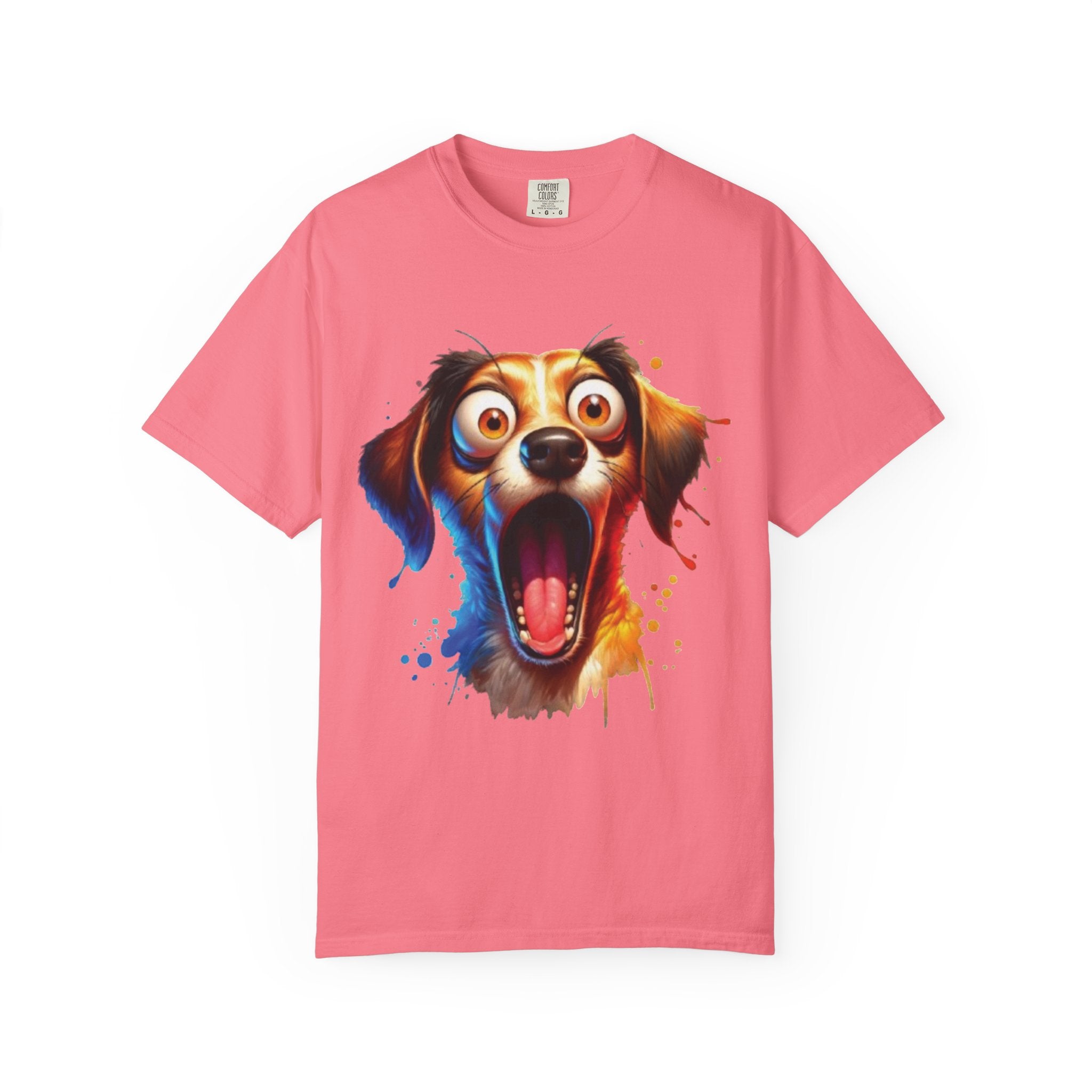 Funny Shocked Dog T-Shirt | Colorful Cartoon Pup Graphic Tee | Vibrant Splash Art