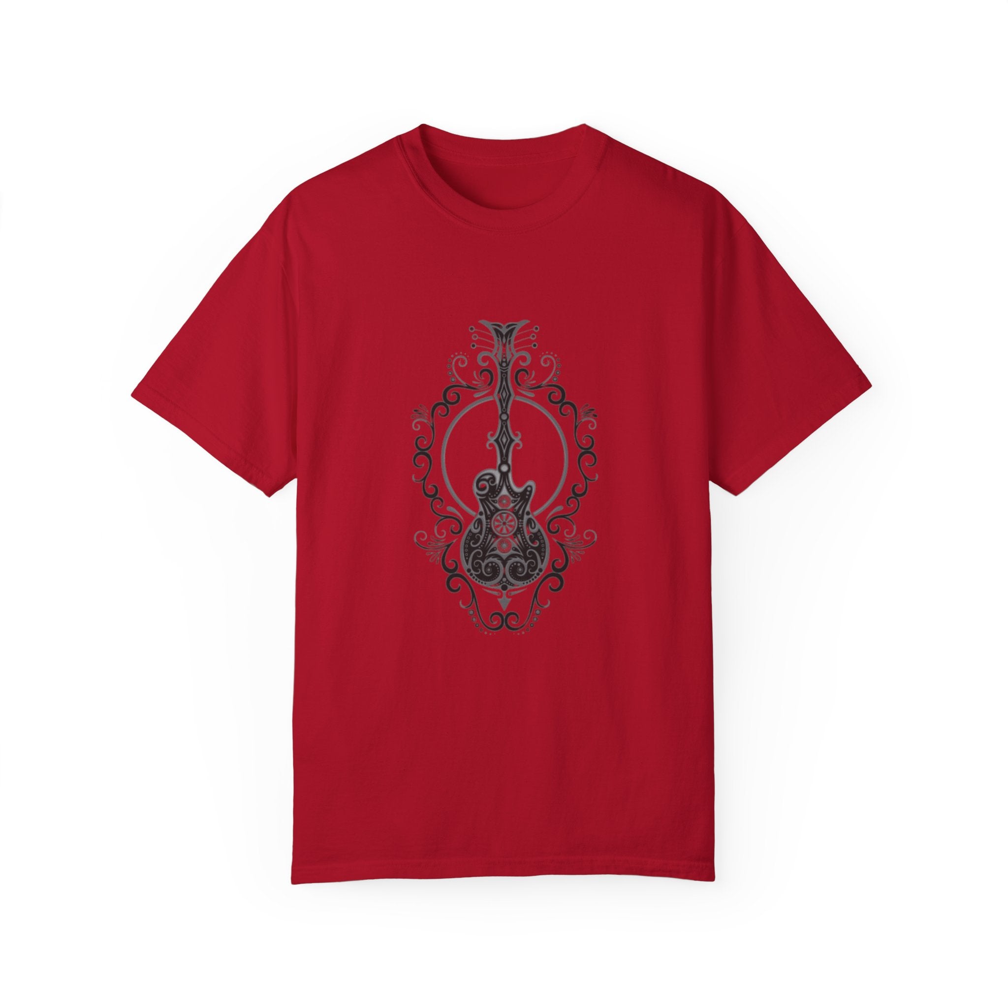 Intricate Dark Electric Guitar T-Shirt – Artistic Rock-Inspired Design for Musicians