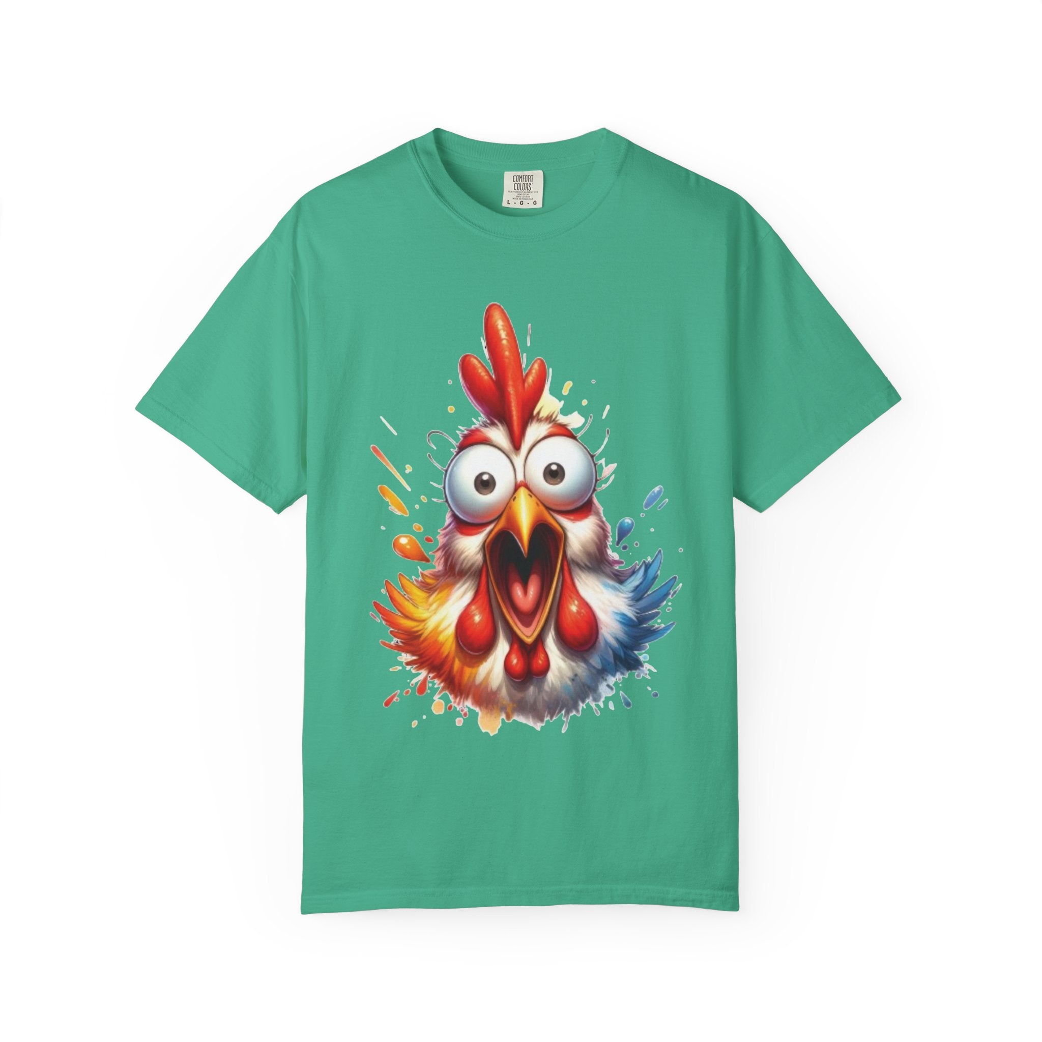 Funny Rooster Cartoon T-Shirt | Vibrant Shocked Chicken Design | Color Burst Animal Tee