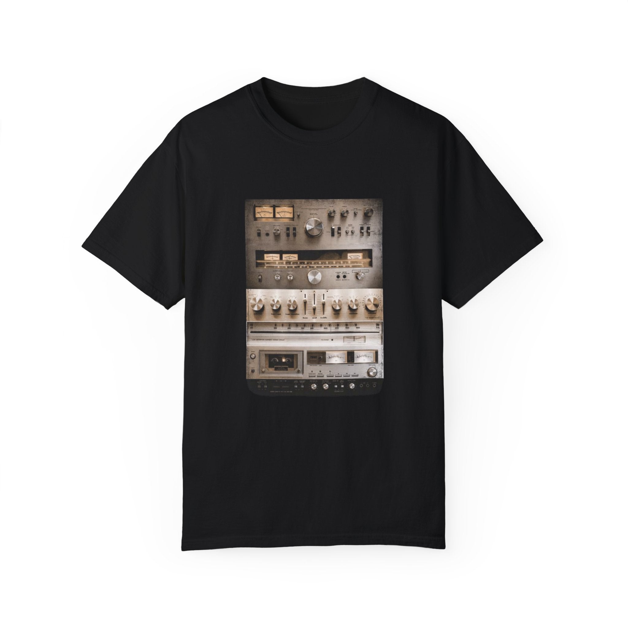 Vintage HiFi Sound System T-Shirt – Mixed Media Collage Audio Setup Tee for Music Lovers