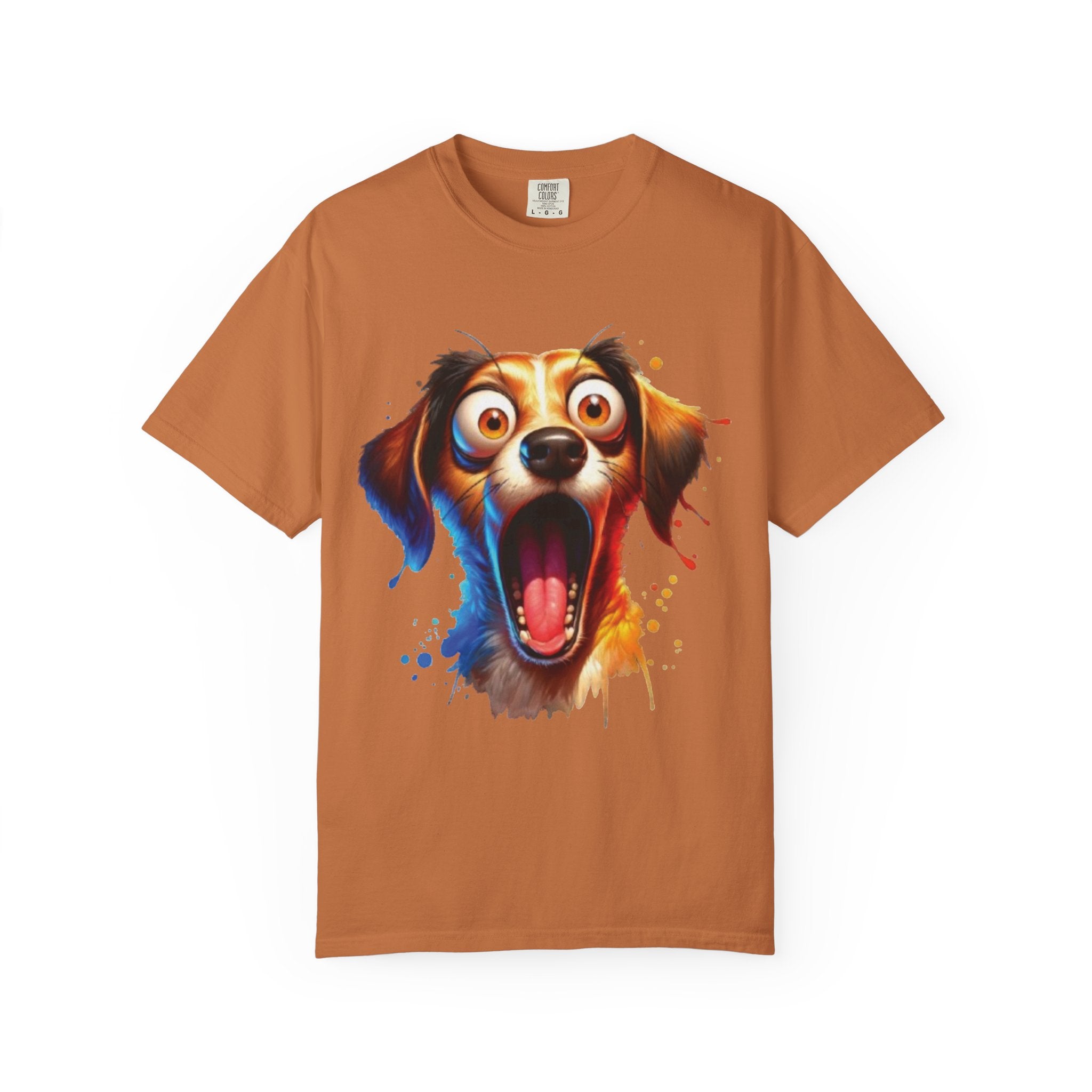 Funny Shocked Dog T-Shirt | Colorful Cartoon Pup Graphic Tee | Vibrant Splash Art