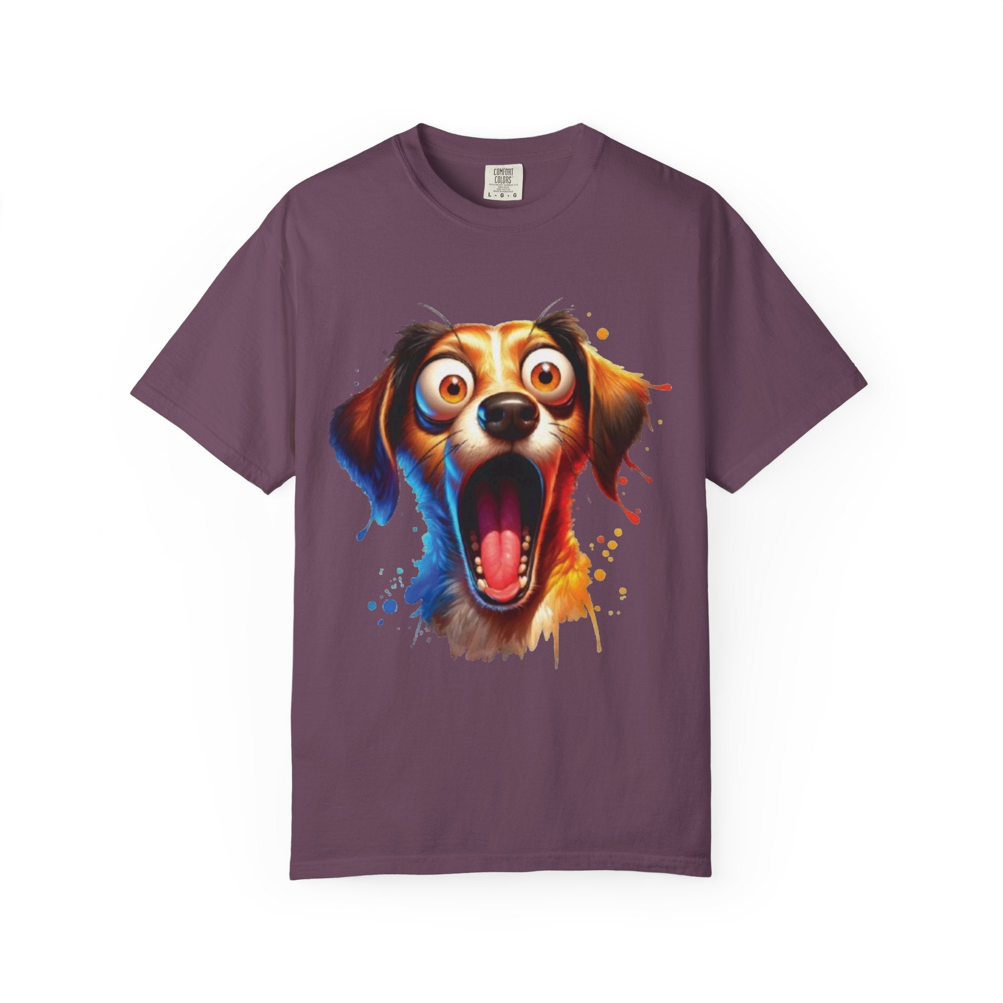 Funny Shocked Dog T-Shirt | Colorful Cartoon Pup Graphic Tee | Vibrant Splash Art